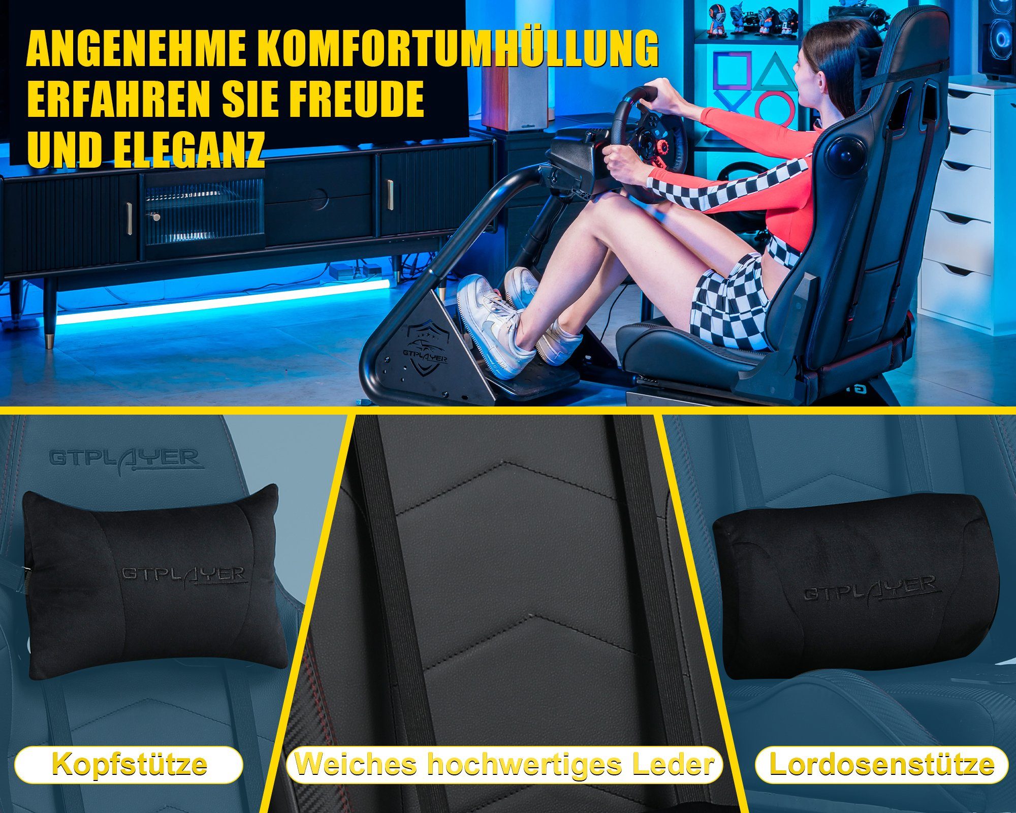 GTPLAYER Gaming-Stuhl Gamer Stuhl Simulator Cockpit, sim racing cockpit racing wheel stand, mit Bluetooth-Lautsprecher und allem auf den Bildern gezeigten Zubehör
