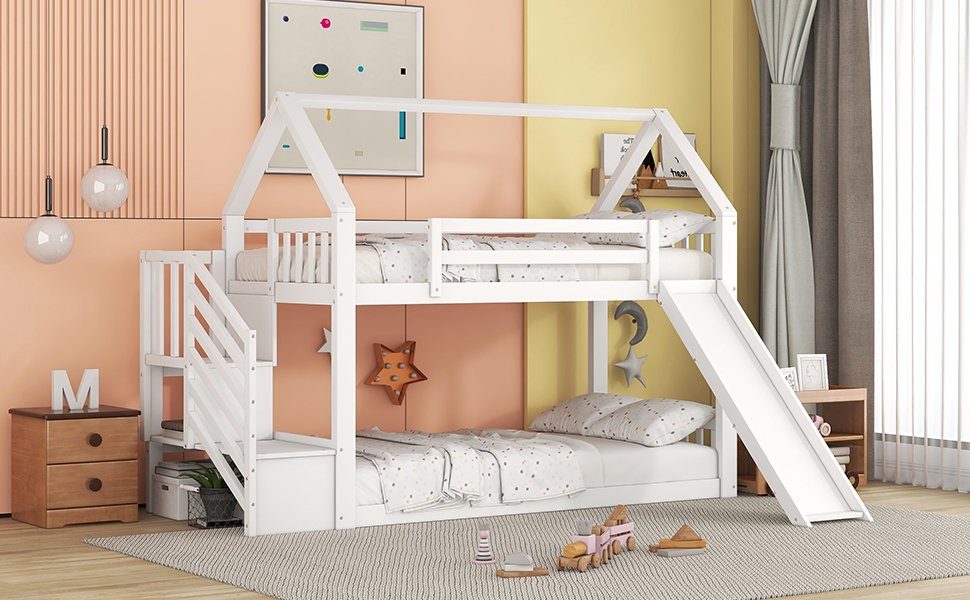 OKWISH Bett Etagenbett, Kinderbett, Hausbett 90x200cm (mit Stauraumtreppe und Rutsche, mit Geländer), geeignet für Kinder, Jugendliche, Ohne Matratze