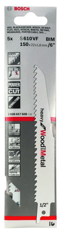 Bosch Blue Accessories 2608657608 S610VF Säbelsägeblatt, schwer, für Holz und Metall, 150 mm, 5 Stück