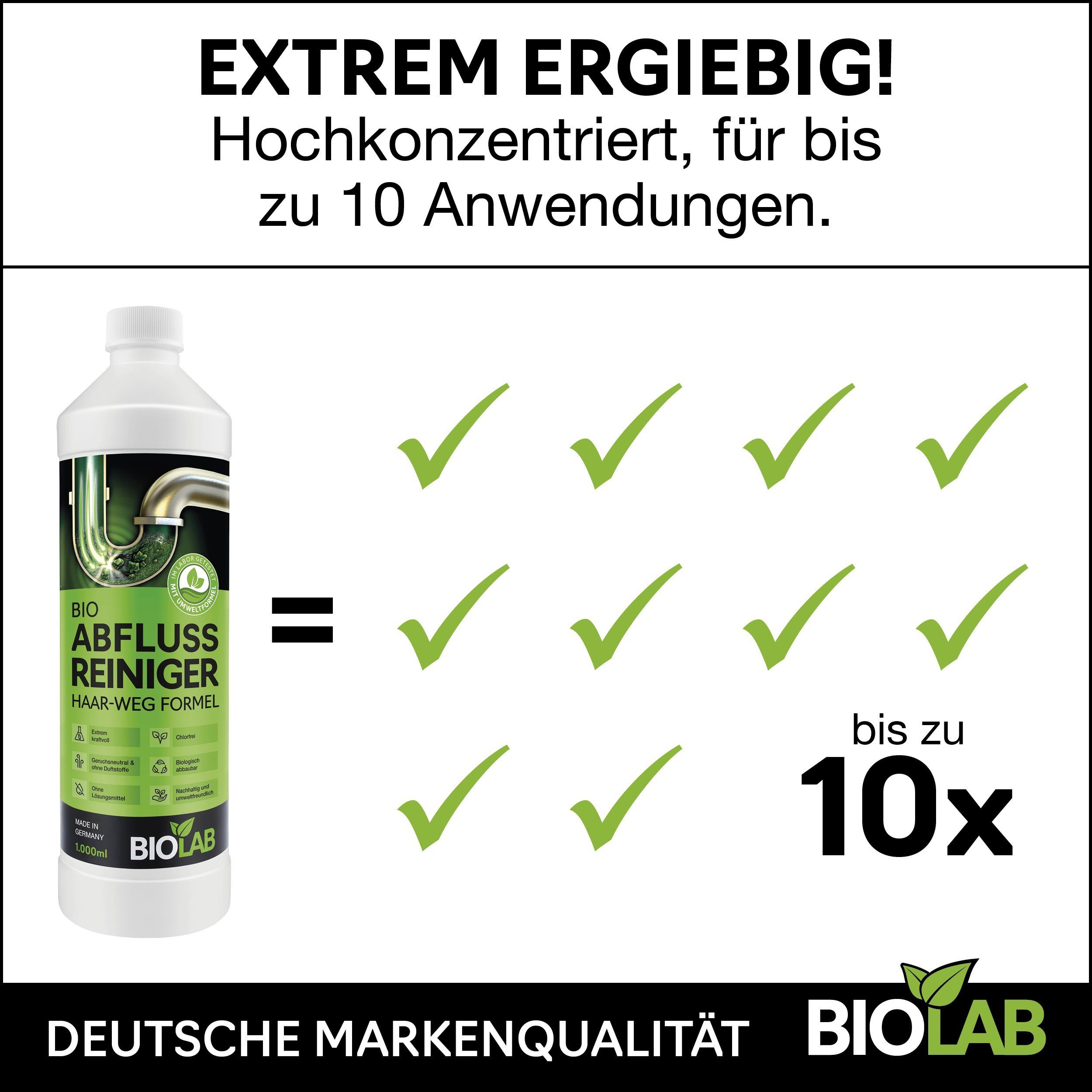 BIOLAB Abflussreiniger Rohrreiniger (mit Haarweg Formel, [1-St. 1000 ml reichen für bis zu 10 Anwendungen)