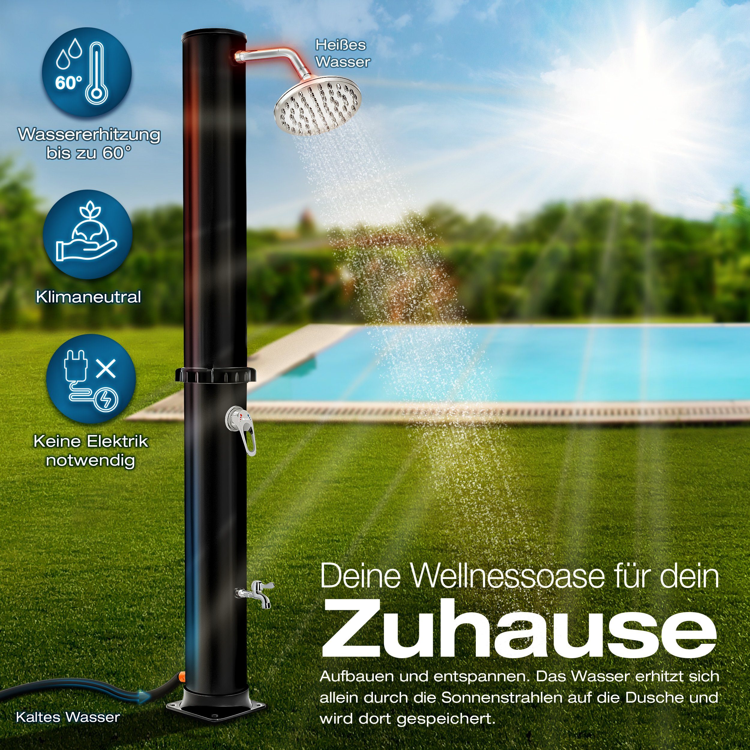 tillvex Solardusche Solar Gartendusche 35 Liter inklusive Schutzhaube, warmes Wasser, Pooldusche Camping ohne Strom