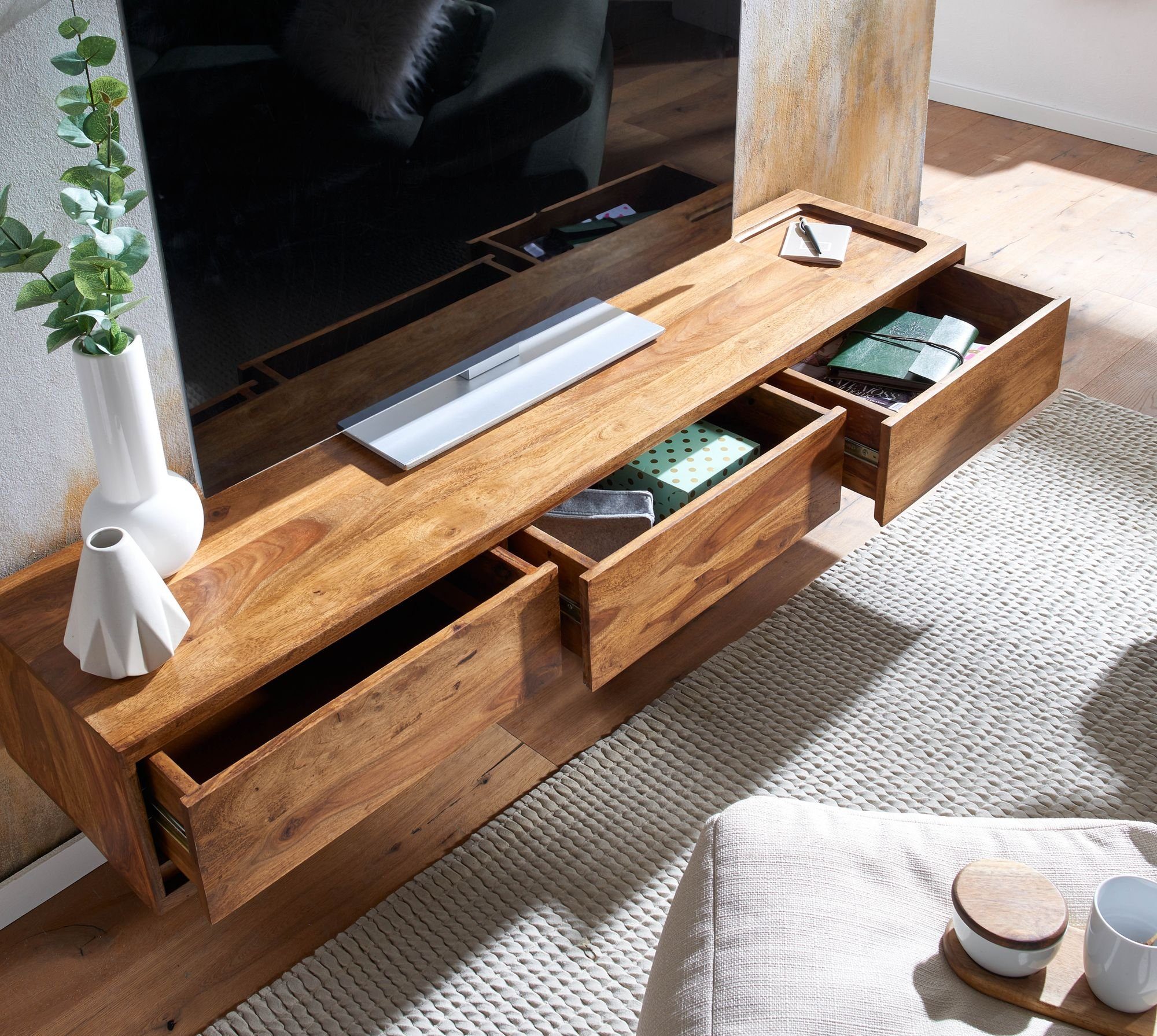 FINEBUY Lowboard FB79710 (TV-Board Hängend Sheesham Massivholz 160x25x35 cm), TV-Schrank mit Stauraum, Fernsehkommode Modern