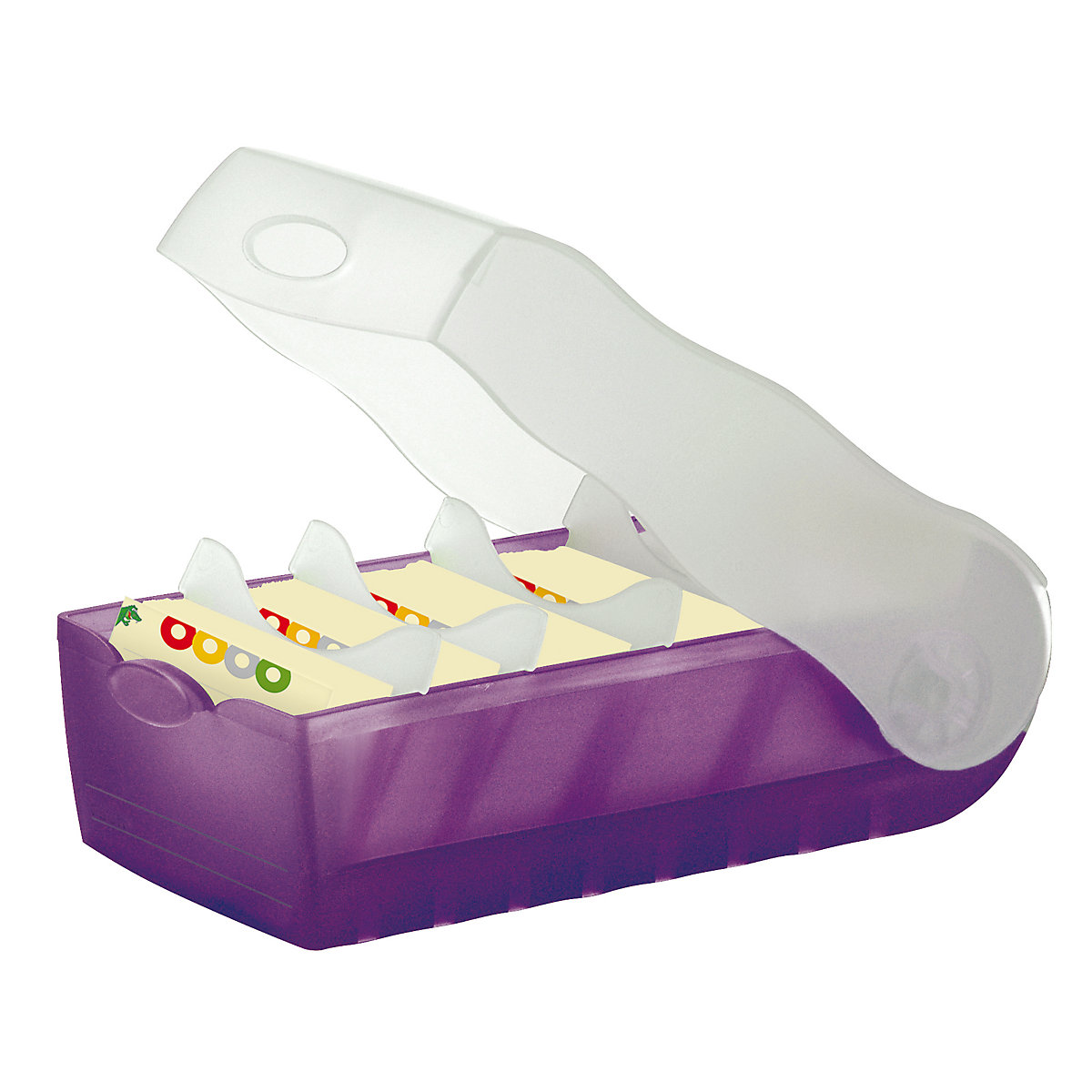 Karteibox CROCO DIN A7 quer mit 5 Stützplatten und 100 Karten, transluzent-lila