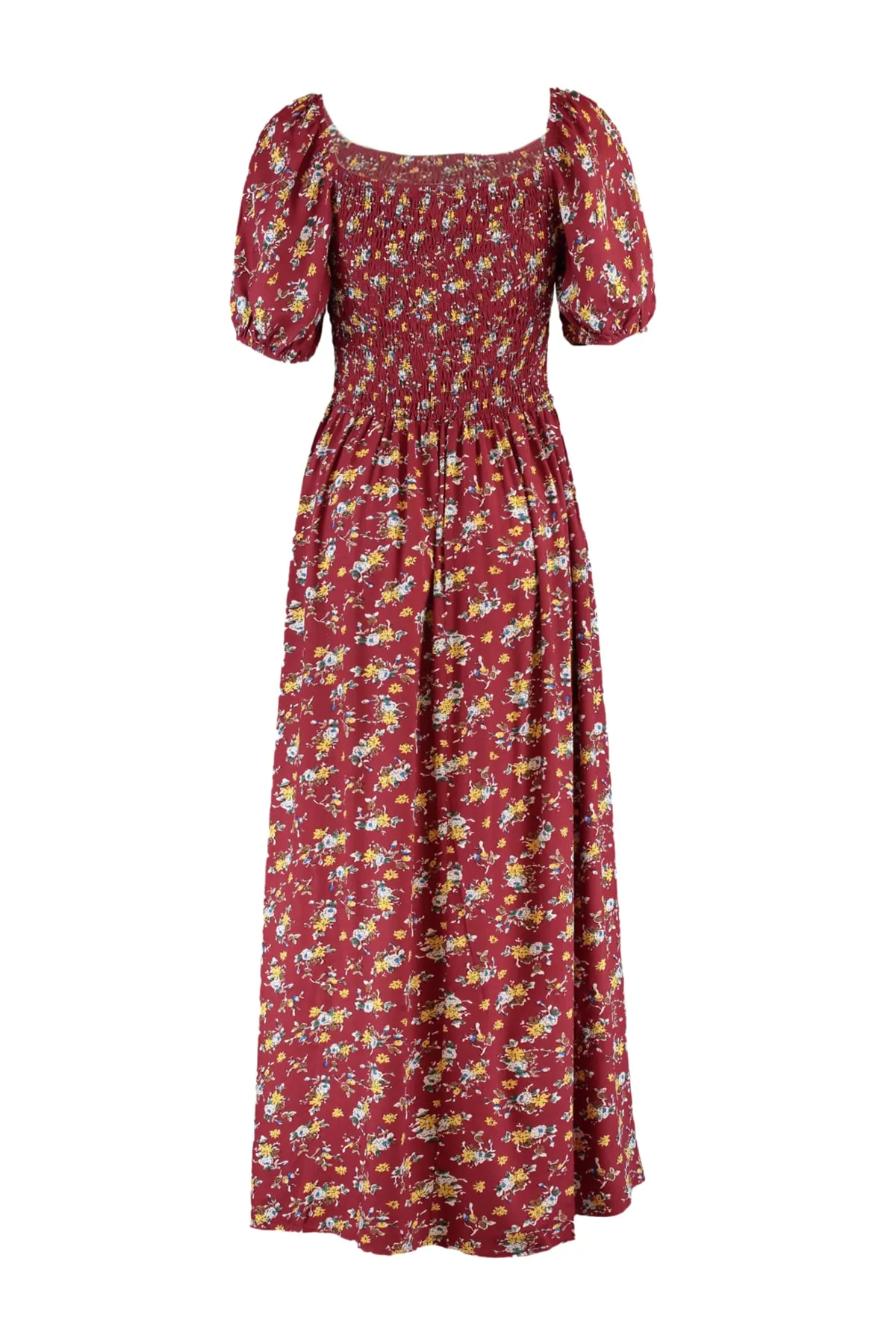Trendyol Curve  Burgunderrotes, gemustertes, gewebtes Kleid mit Brustverzierung TBBSS22EL1611
