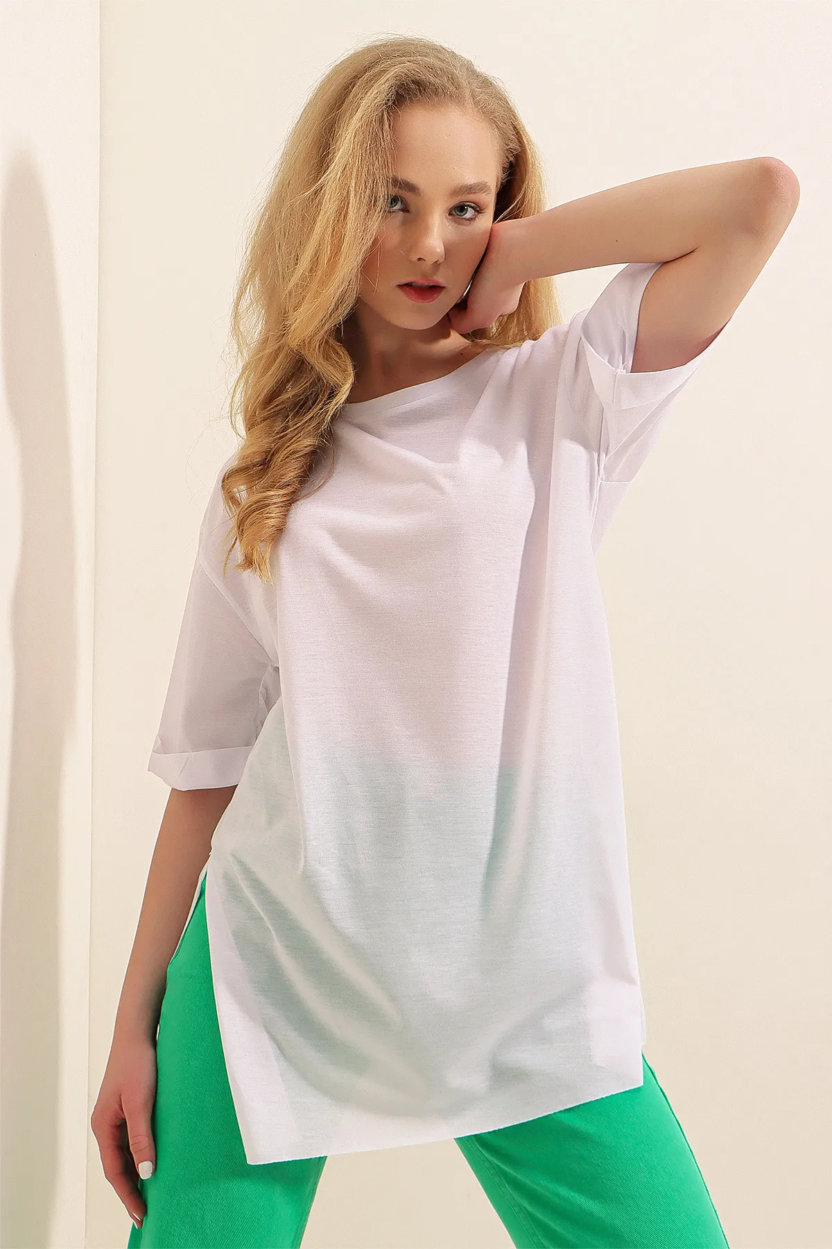 Bigdart  4123 Geschlitztes Oversize-T-Shirt – Weiß