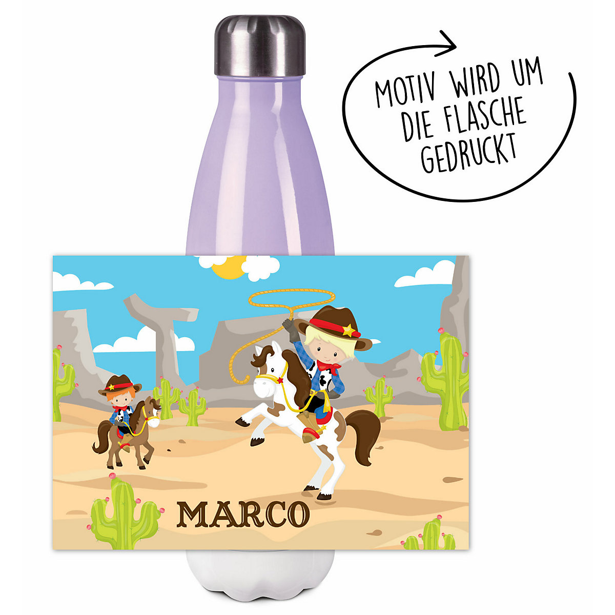 Edelstahl Kinder Thermoflasche / Trinkflasche bunt Cowboy Spülmaschinenfest, Auslaufsicher, Bruchfest, Doppelwandig, Für Heißgetränke geeignet, Mit Deckel, Isoliert