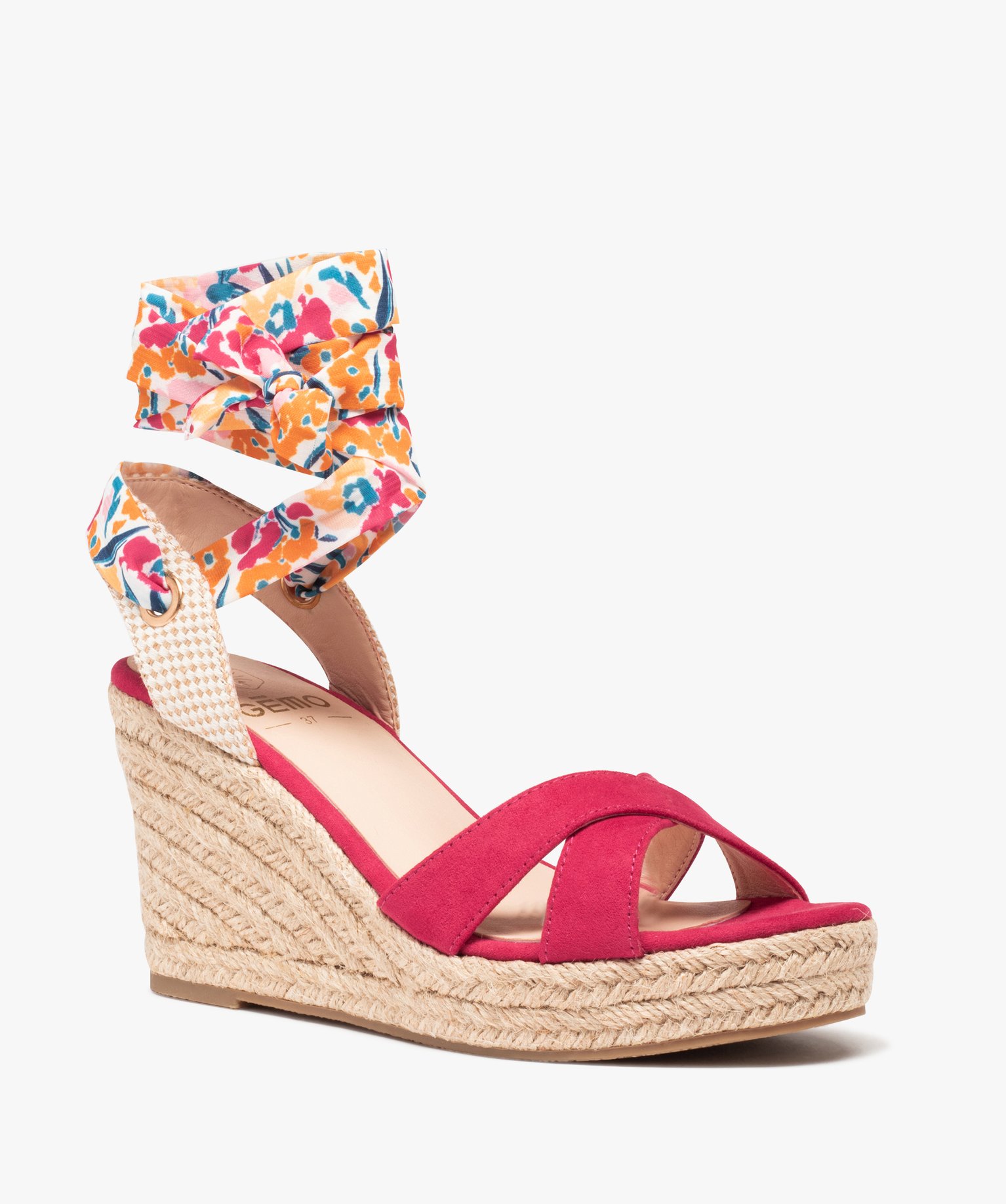 Sandales femme compensées en suédine et bride foulard fuchsia | GEMO