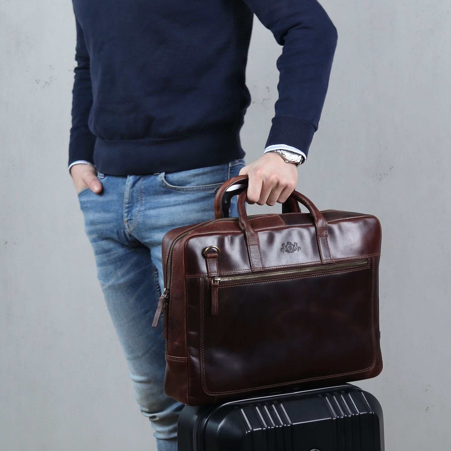 SID & VAIN Laptoptasche Leder Businesstasche Unisex DIXON, Laptoptasche 15,4 Zoll, Aktentasche Echtleder Damen Herren braun
