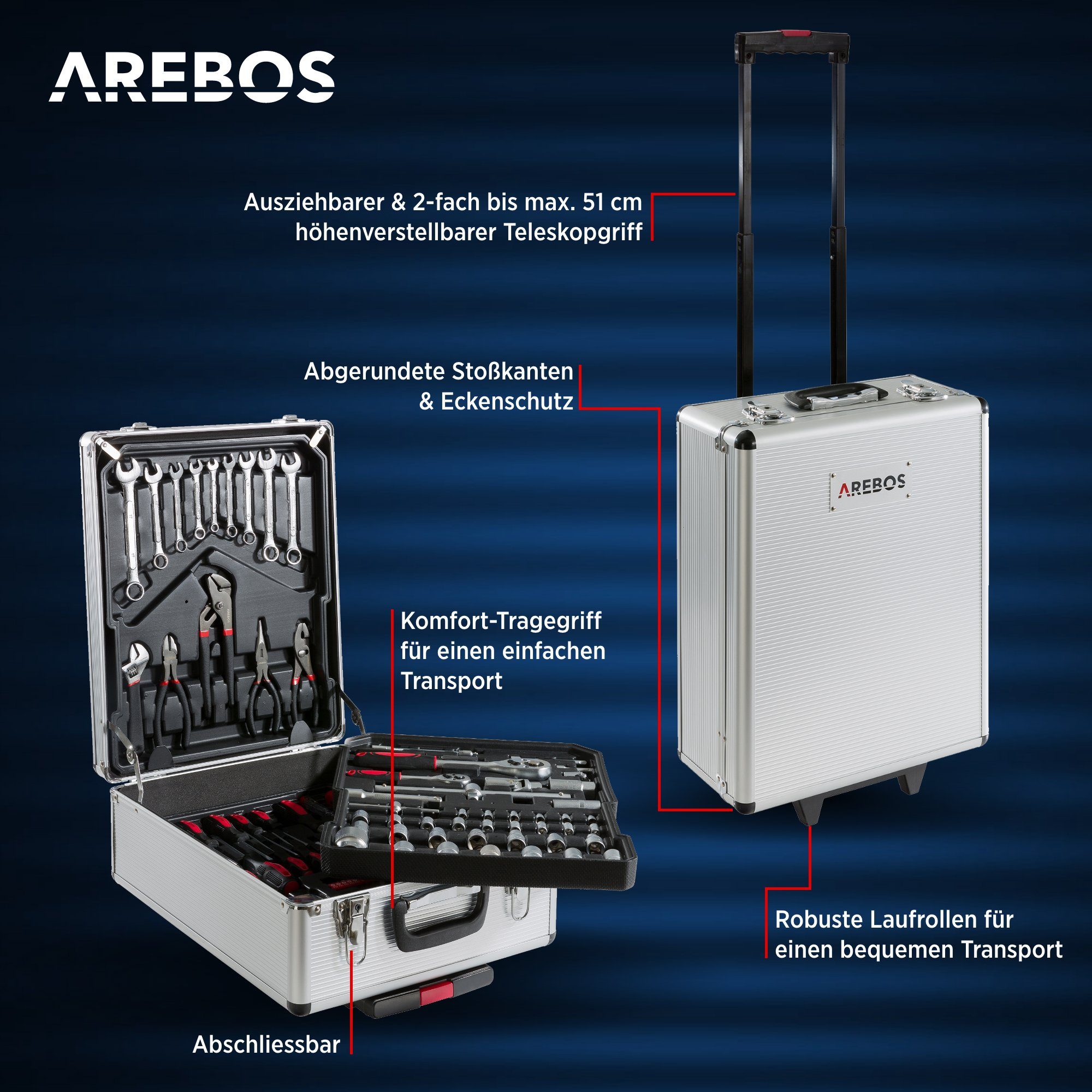 Arebos Werkzeugkoffer Werkzeug-Set, Werkzeugkasten 1200 Teile Chrom Vanadium Stahl (Set)