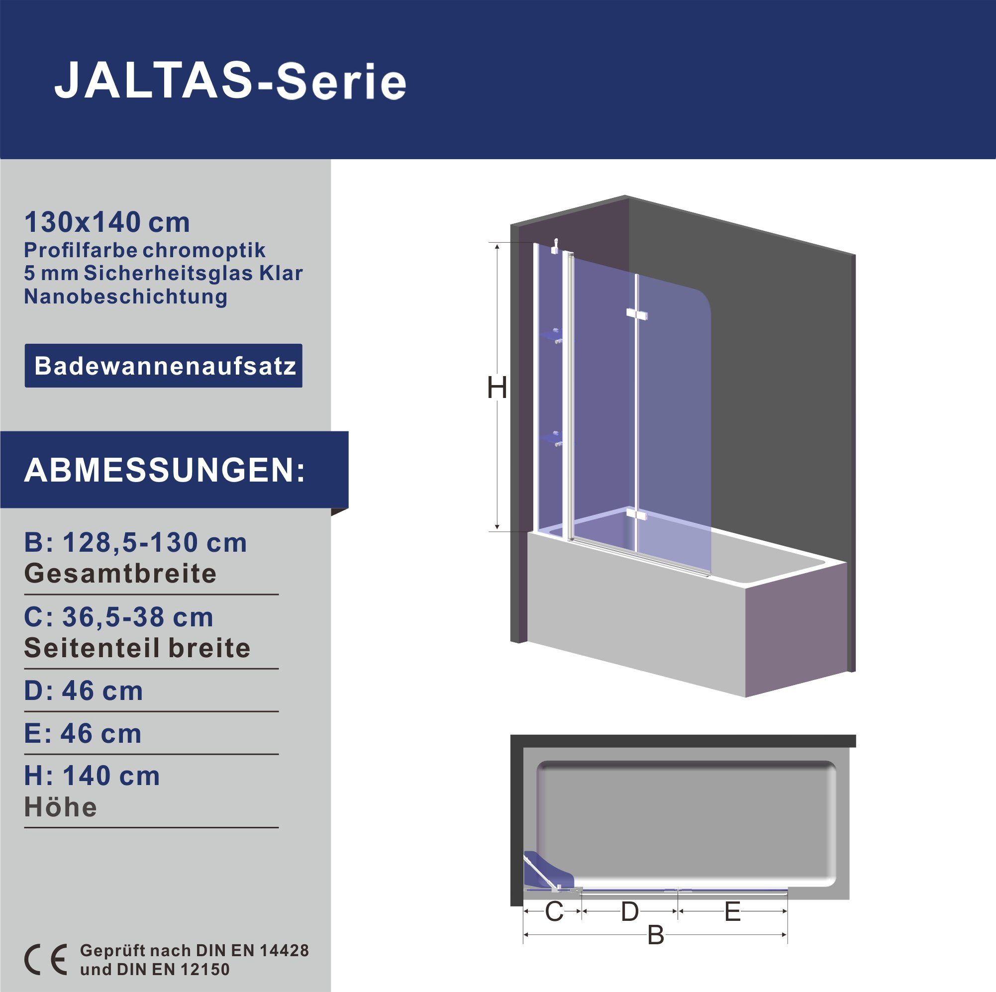 AQUALAVOS Badewannenfaltwand Duschabtrennung Glas Duschwand für Badewanne Badewannenaufsatz, Einscheiben-Sicherheitsglas (ESG) 5 mm mit Nanobeschichtung, 130x140 cm, 150x140 cm, Spritzschutz im Bad, mit Acryl- Duschablage