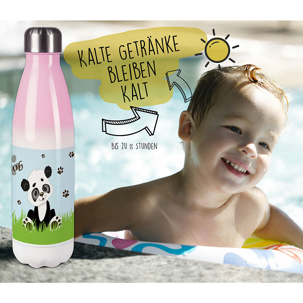 Edelstahl Kinder Thermoflasche / Trinkflasche bunt Panda Bär Spülmaschinenfest, Auslaufsicher, Bruchfest, Doppelwandig, Für Heißgetränke geeignet, Mit Deckel, Isoliert