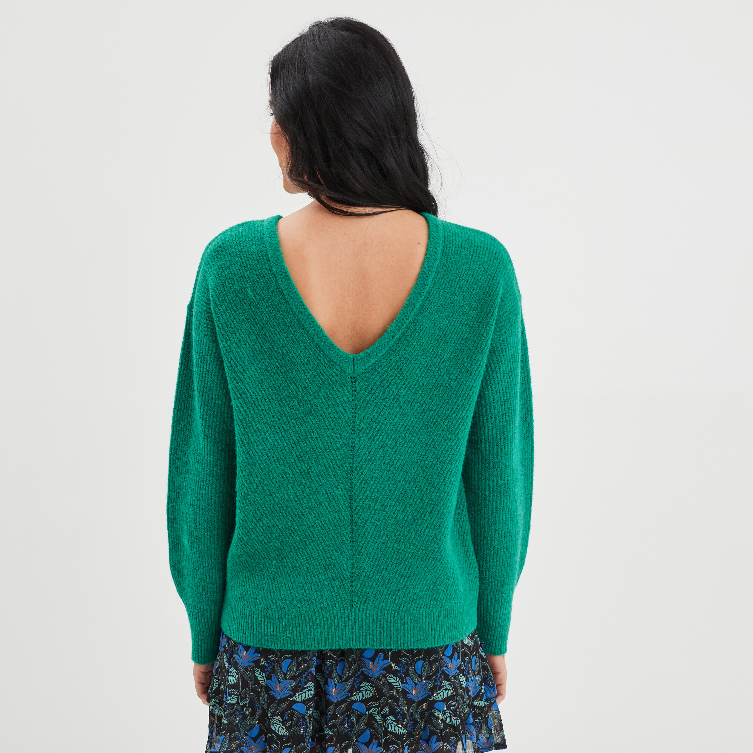 Pull réversible dos col en V vert émeraude femme | La Halle