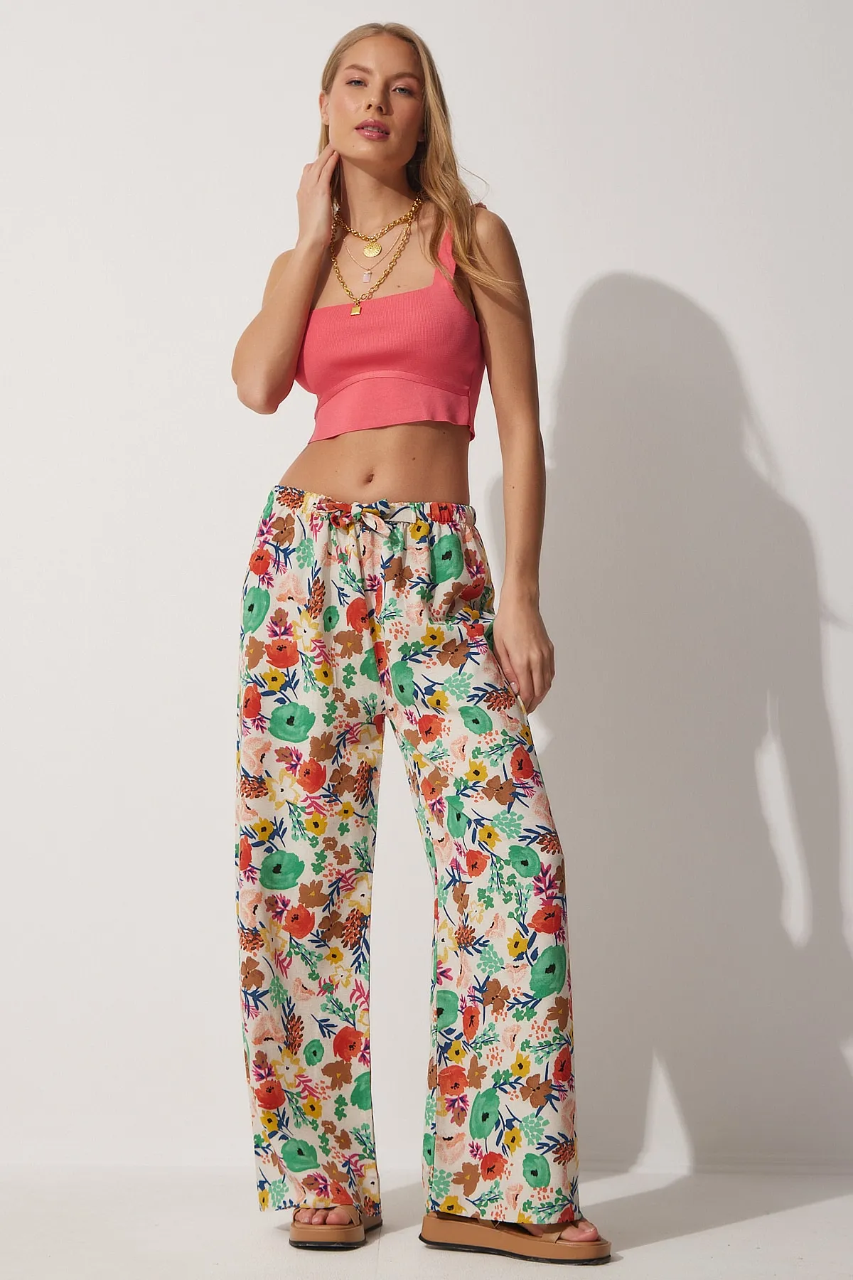 Happiness İstanbul  Damen-Palazzo-Hose aus Leinen in Beige und Grün mit Blumenmuster BH00385