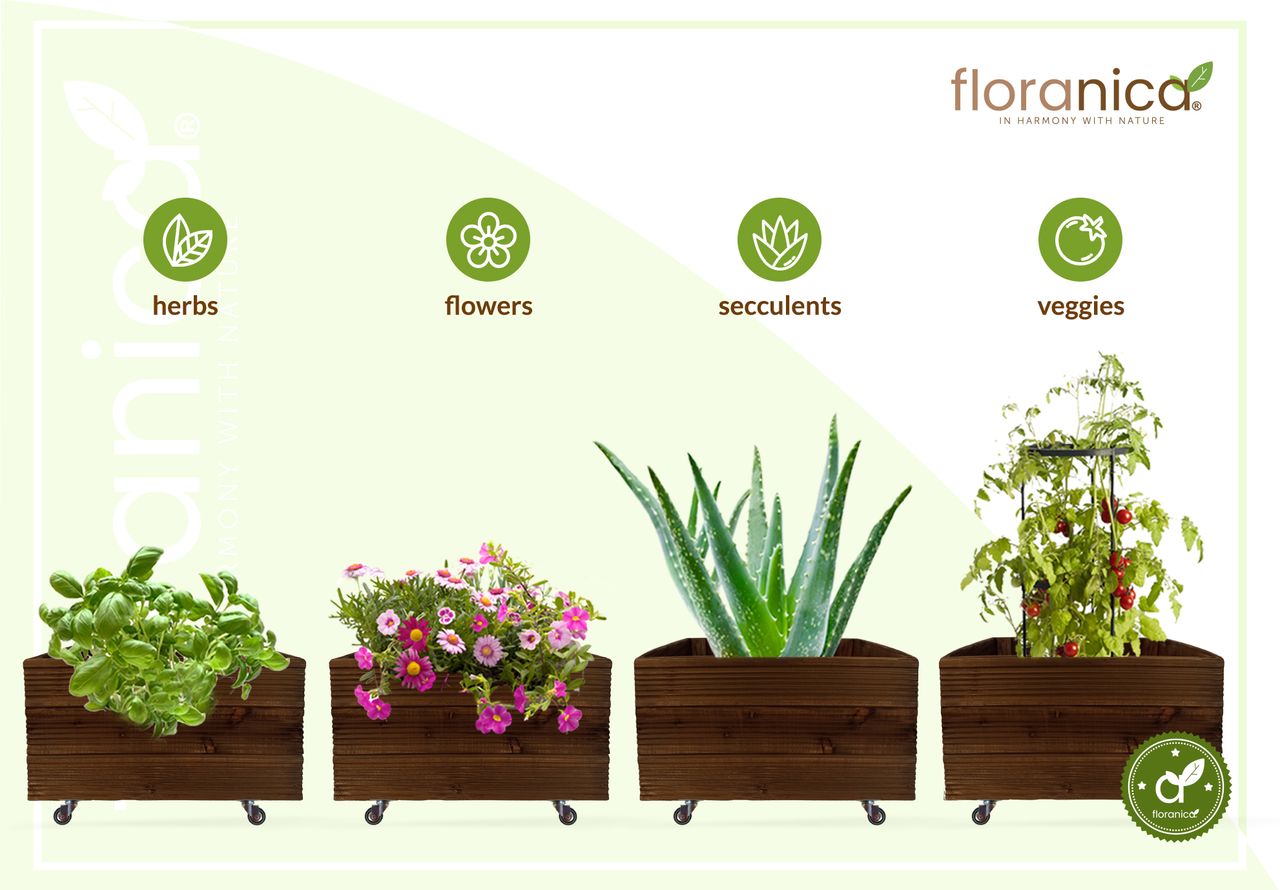 Pemicont Floranica Blumentopf aus Holz Kasten 4 Rollen 50cm x 535cm x 285cm Braun Imprägniertes Lärchenholz Schutzhülle für Kräuter Blumen Haus- und Gartendekoration Innen- und Außenbereich