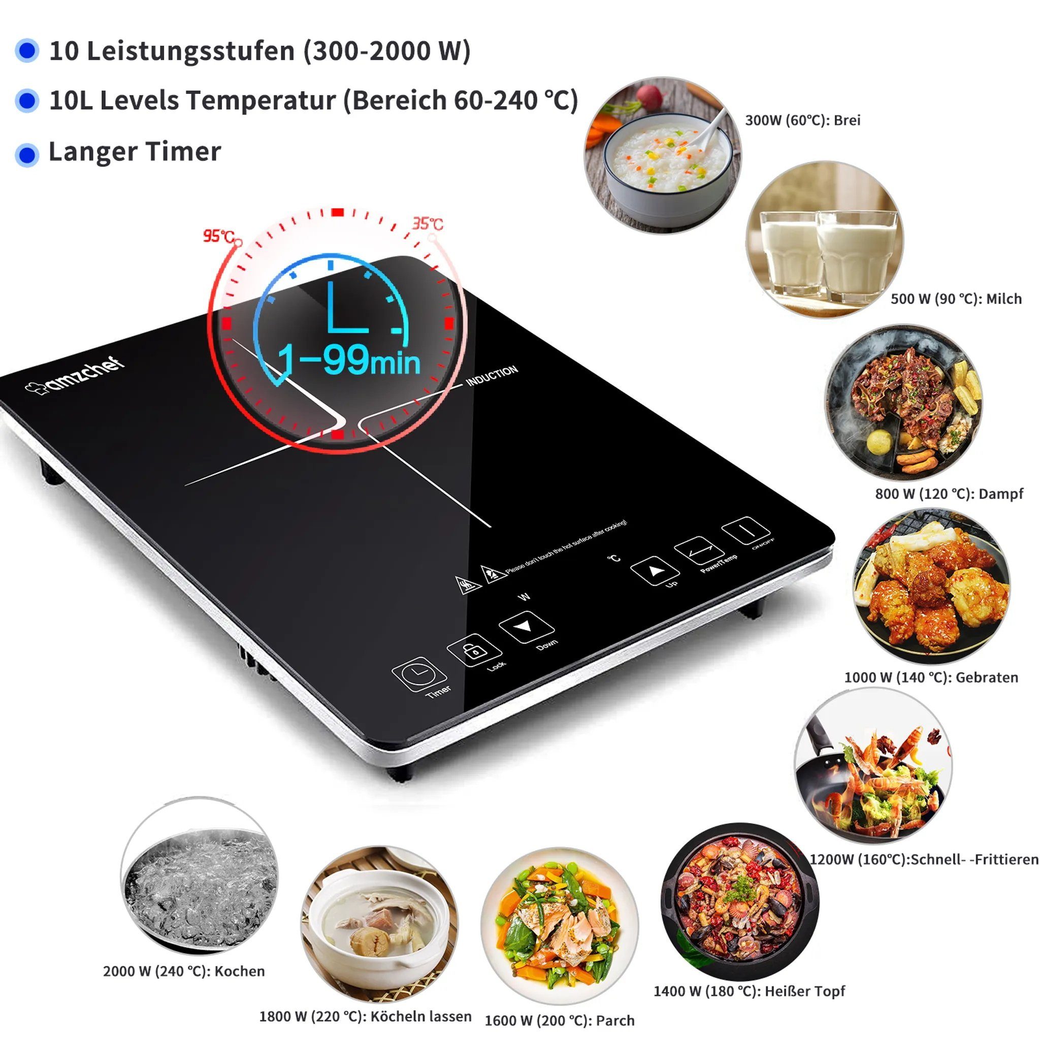 AMZCHEF Einzel-Induktionskochplatte CB16, 2000 W Induktionsplatte, LED Kochfeld