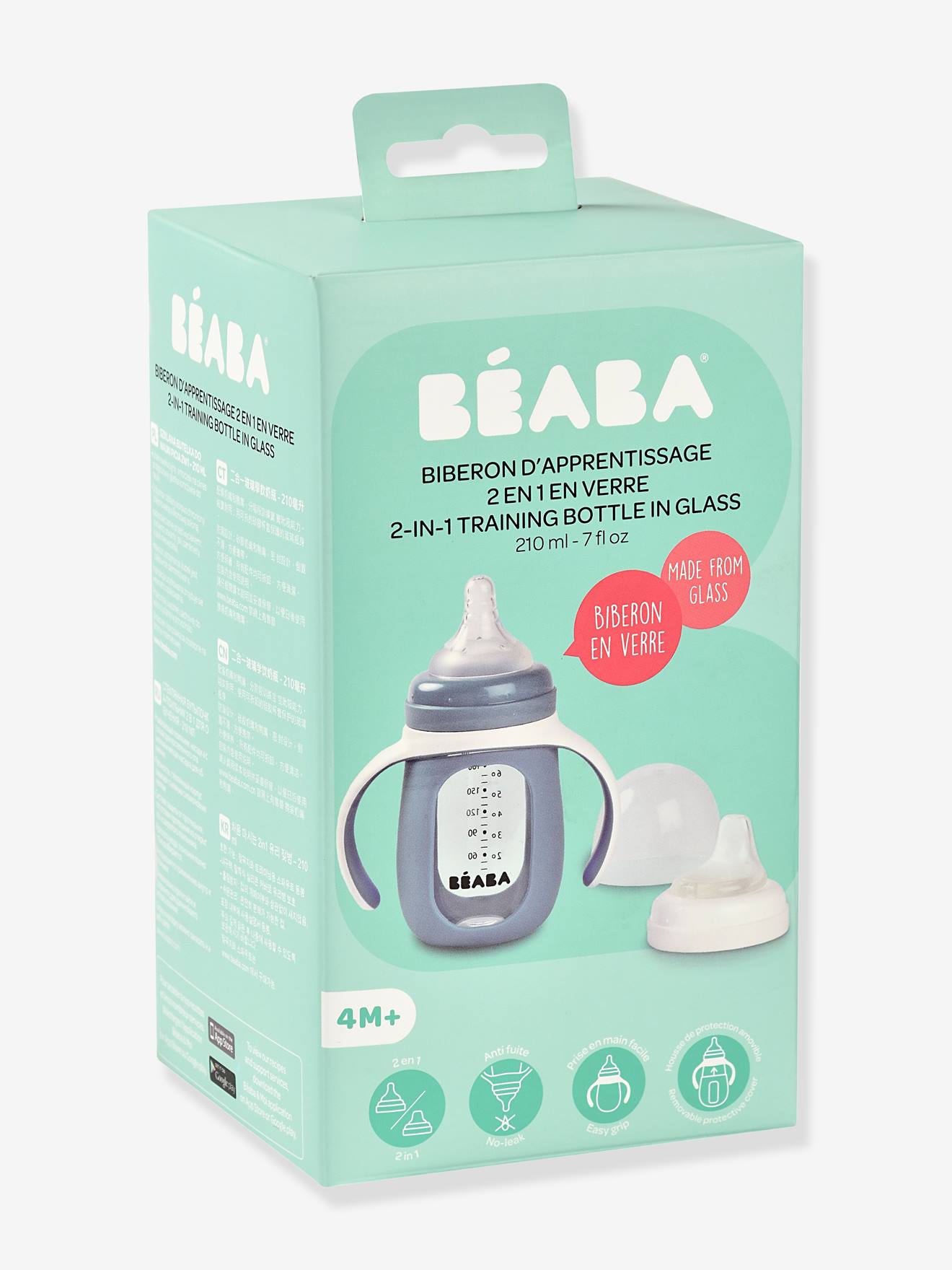 Beaba 2-in-1-Flasche/Trinklernbecher aus Glas BEABA, 210 ml - blau
