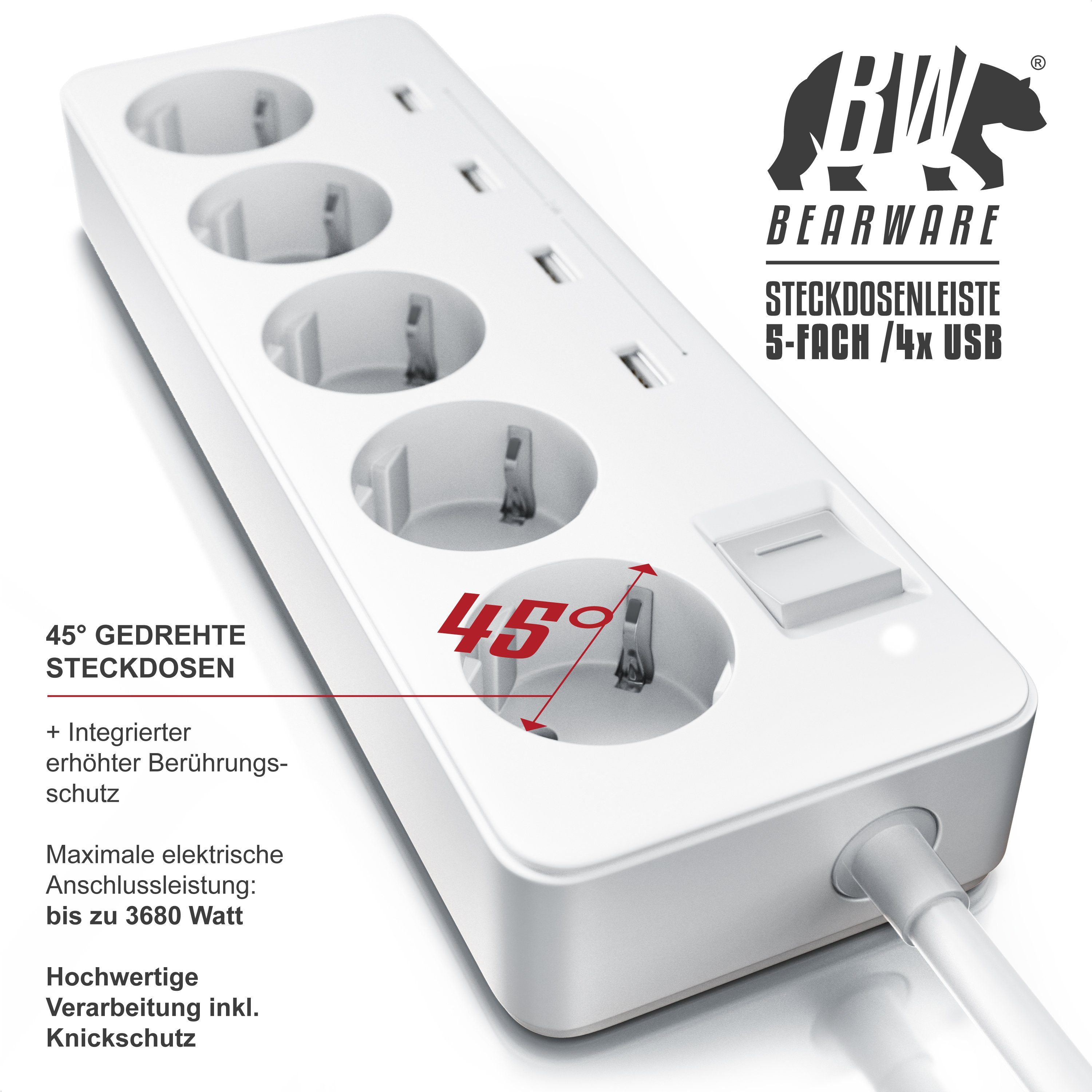 BEARWARE Steckdosenleiste 5-fach (Ein- / Ausschalter, USB-Anschlüsse, Kindersicherung, Schutzkontaktstecker, Überspannungsschutz, Kabellänge 1,50 m), Steckdosenleiste mit USB-Ladevorrichtung - 4x USB-Ports
