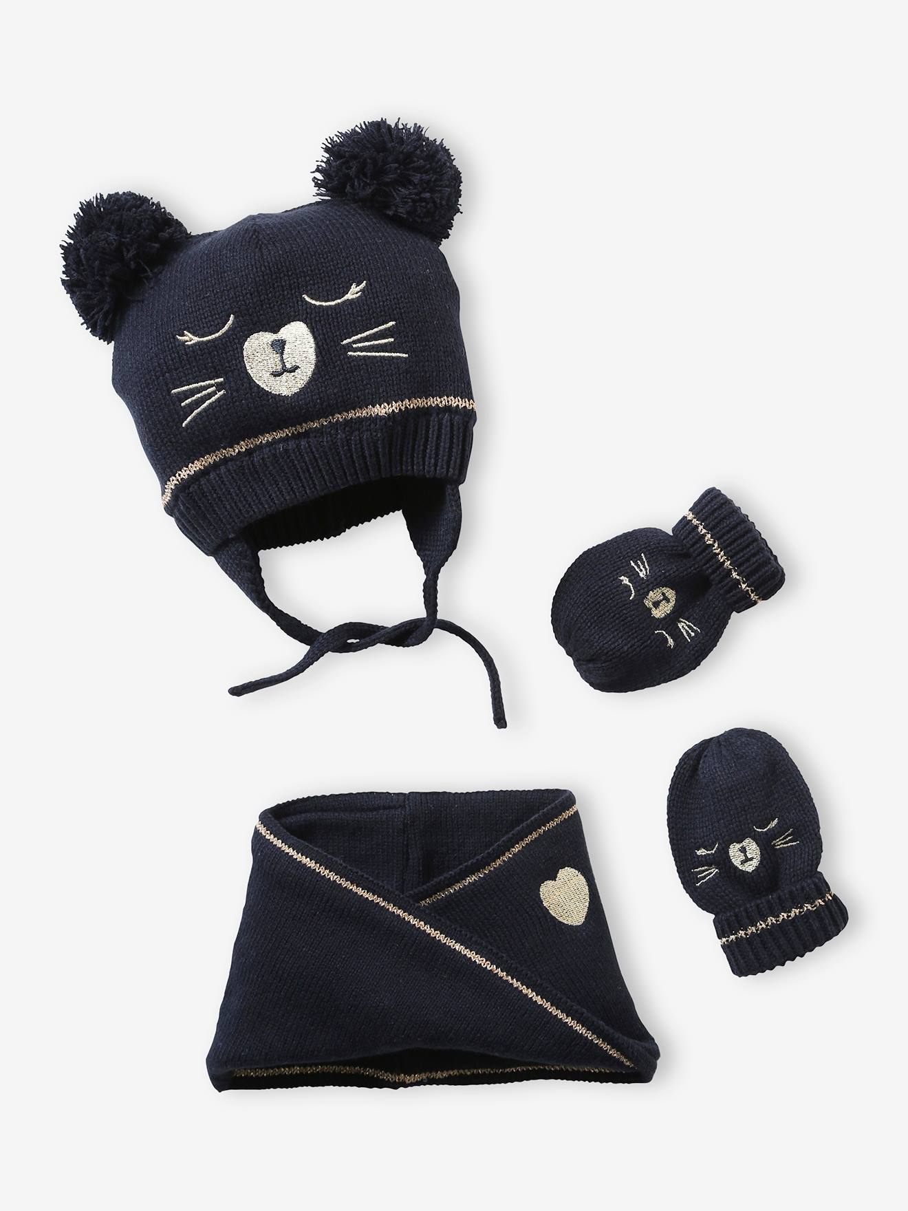 Ensemble en maille jacquard bonnet + snood + moufles bébé fille marine
