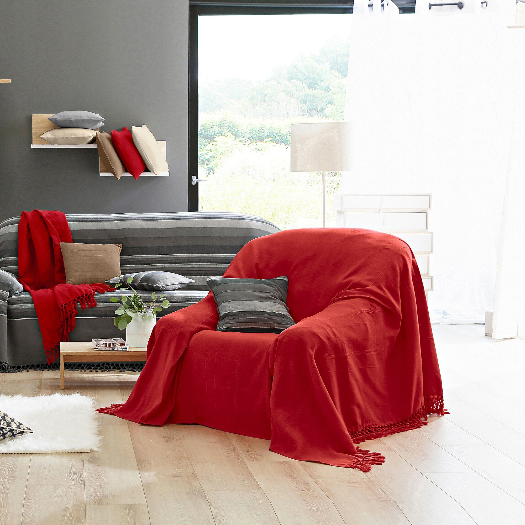 Plaid ou jeté uni coton tissage artisanal