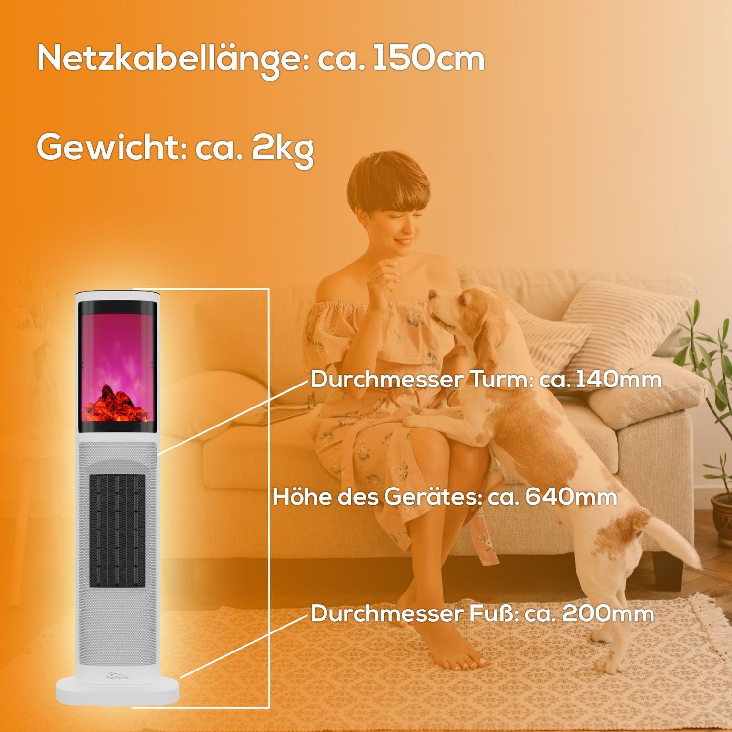 TroniTechnik Heizstrahler Turmheizer KH-064, Keramikelement, Heizgerät,Oszillation,2000W,weiß, 2000 W, zwei Heizstufen, Überhitzungsschutz und Abschaltautomatik, Thermostat