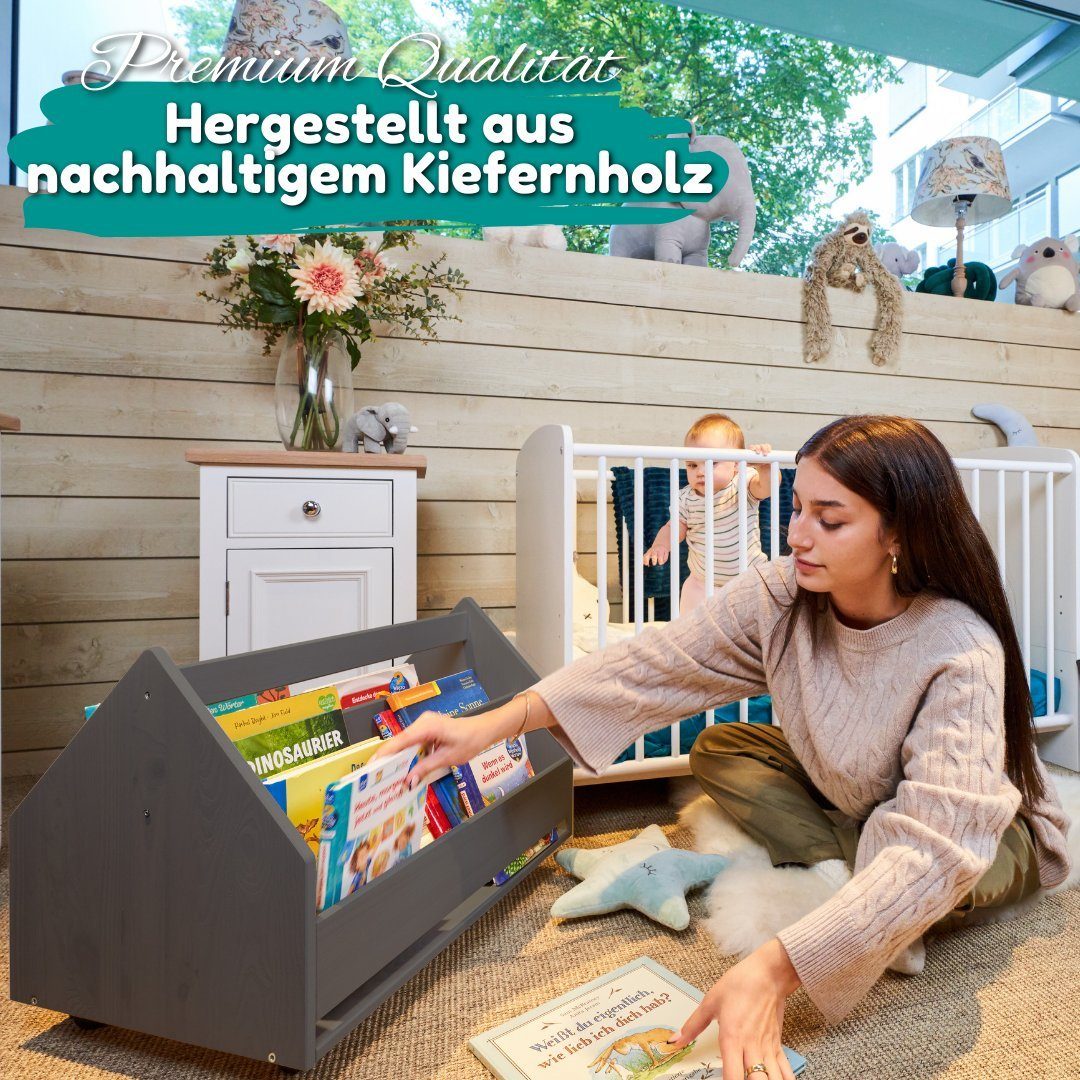 Alavya Home® Bücherregal COMET, Kinder Bücherregal I Kinderregal mit 2 Ablagen 4 Rollen 1-tlg., Aufbewahrungsregal für Bücher in Kinder-Spielzimmer aus Kieferholz