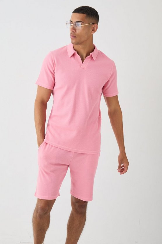 Slim-Fit Poloshirt und Shorts in Waffeloptik