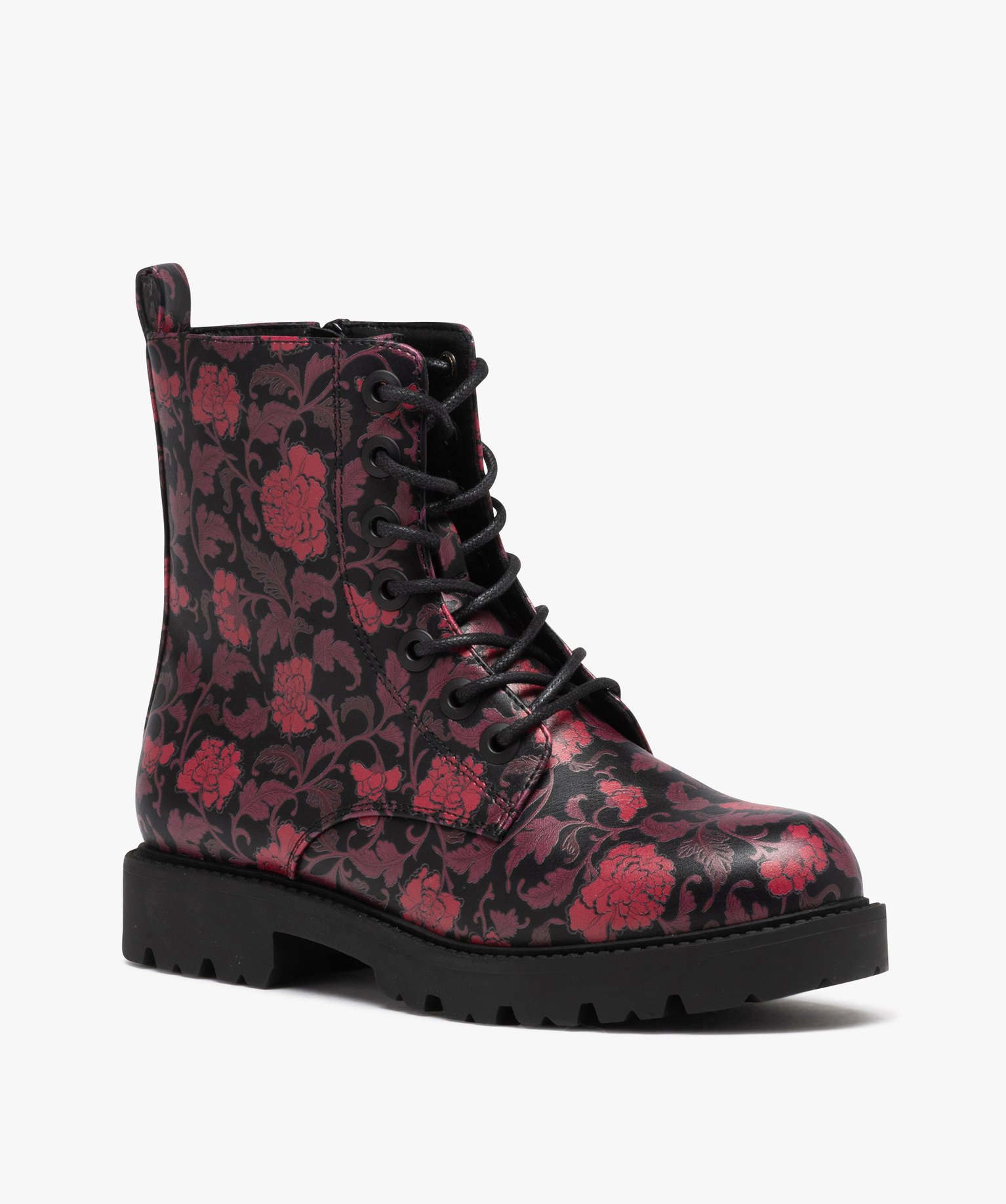 Boots femme mid-cut dessus uni verni à lacets colorés noir | GEMO