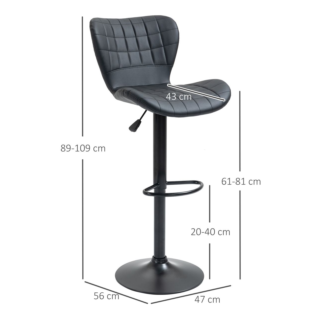 HOMCOM Barhocker 2er-Set Barstuhl Tresenhocker Bistrohocker Küchenhocker Drehstuhl mit Rückenlehne für Küche Esszimmer Kunstleder Schwarz 47 x 56 x 89-109 cm