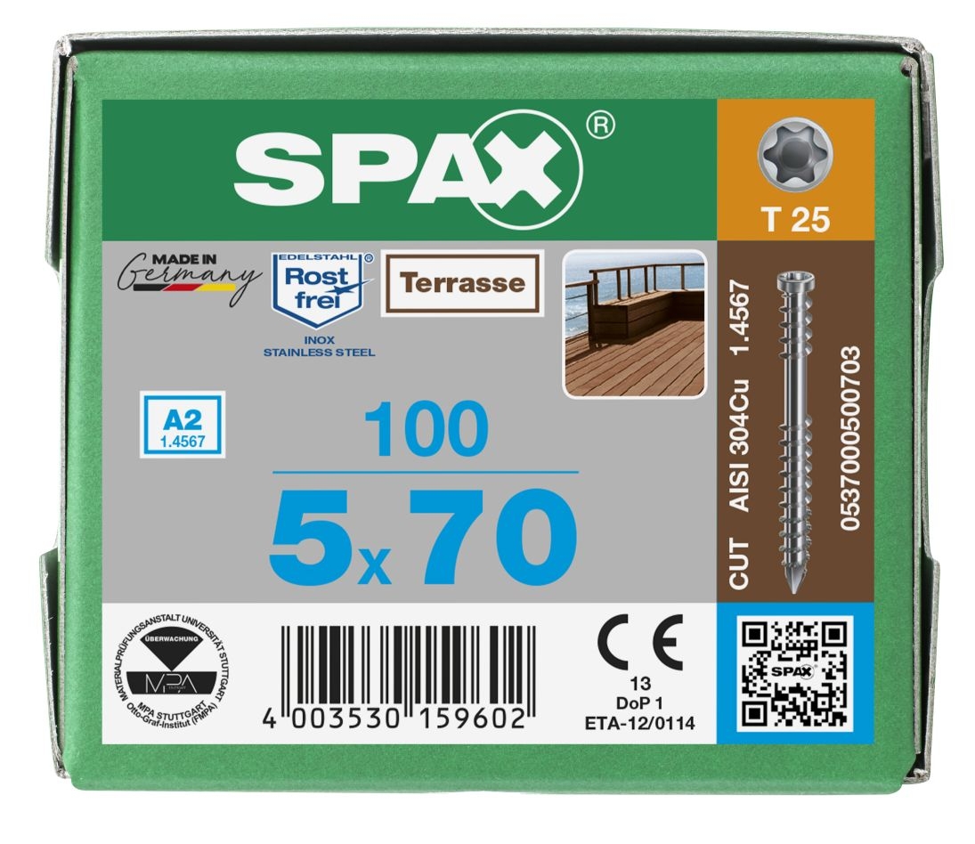 SPAX 0537000500703 Terrassenschraube 5 x 70 mm, Befestigungsgewinde, Zylinderkopf, T-STAR plus T25, Schnittpunkt – 100 Stück