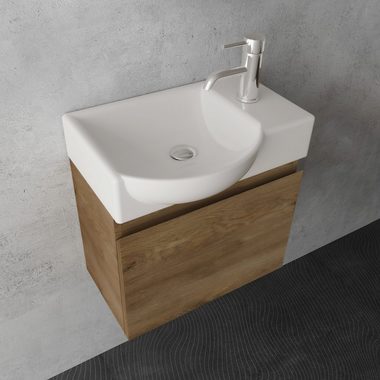Alpenberger Badmöbel-Set - Gäste WC Waschbecken mit Unterschrank 45 cm Breit, (Badschrank 2-tlg., Waschtisch hängend), Waschbeckenunterschrank mit Softclose - Farbe Eiche - Links Becken