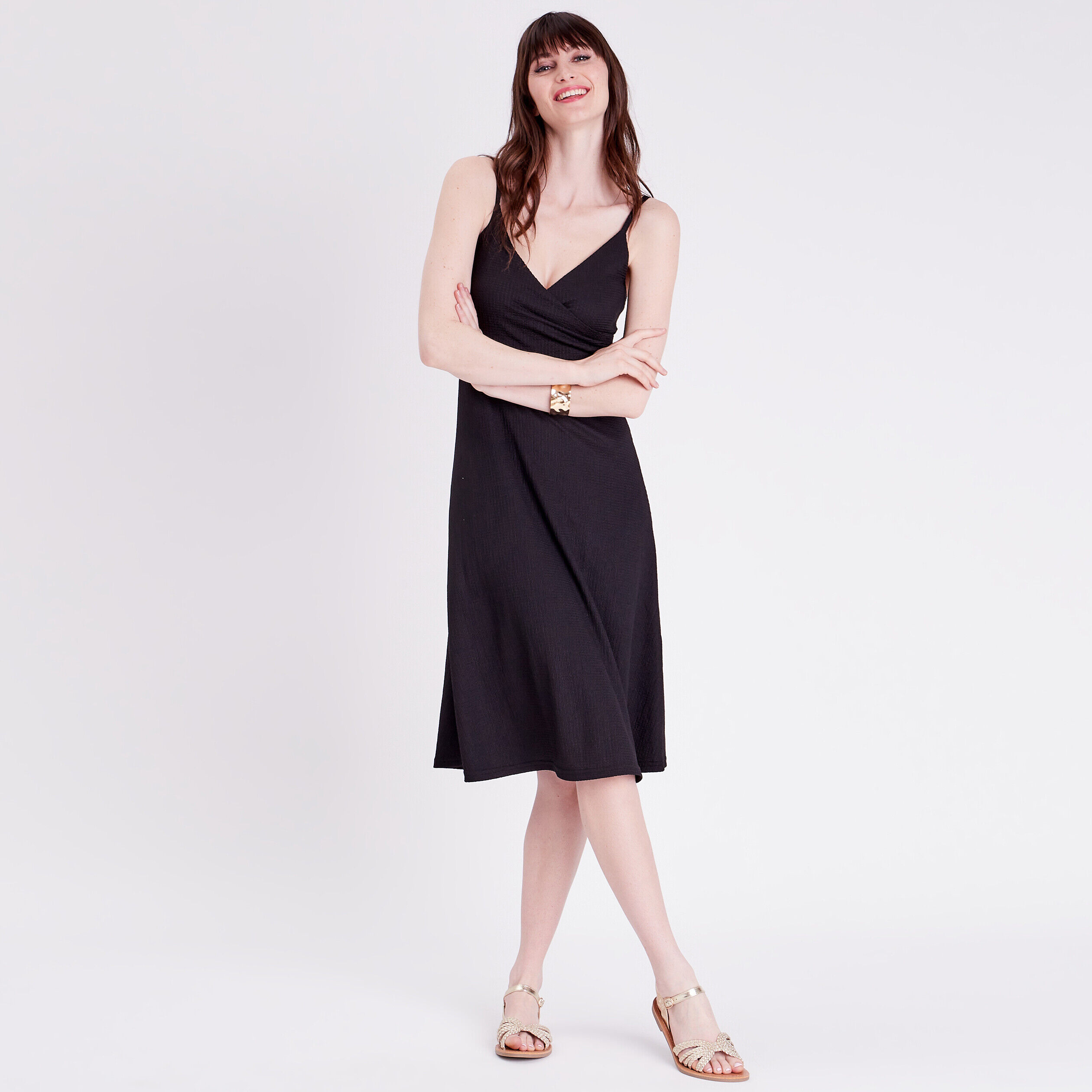 Robe midi évasée bretelles noir femme | Cache Cache