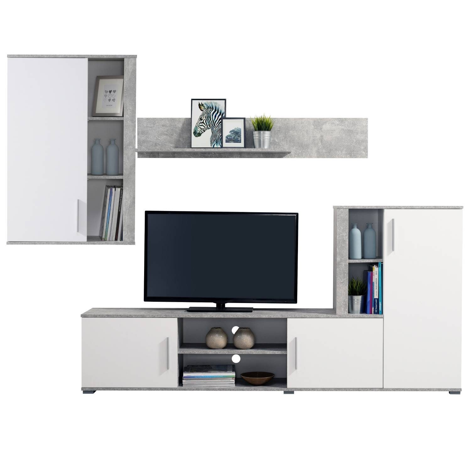 Homestyle4u Wohnwand Schrankwand Anbauwand Wohnzimmer-Set Modern Weiß Beton Optik Holz, (3-St)