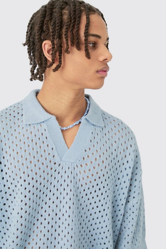 Kurzärmliges kastiges Strick-Poloshirt in Blau