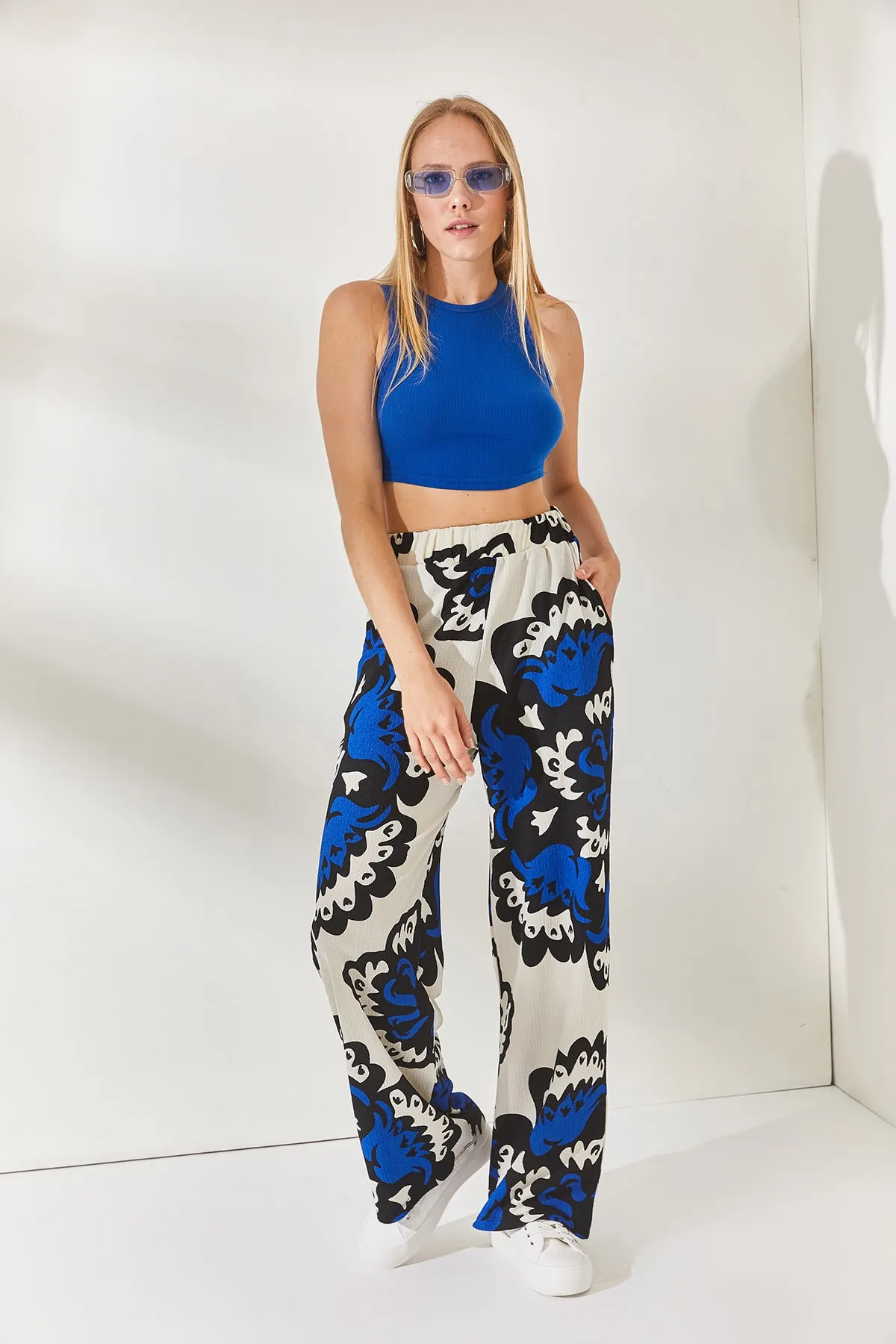 Olalook  Saks Blue Stone Palazzo-Hose mit elastischem Bund und Taschenmuster, PNT-19000225