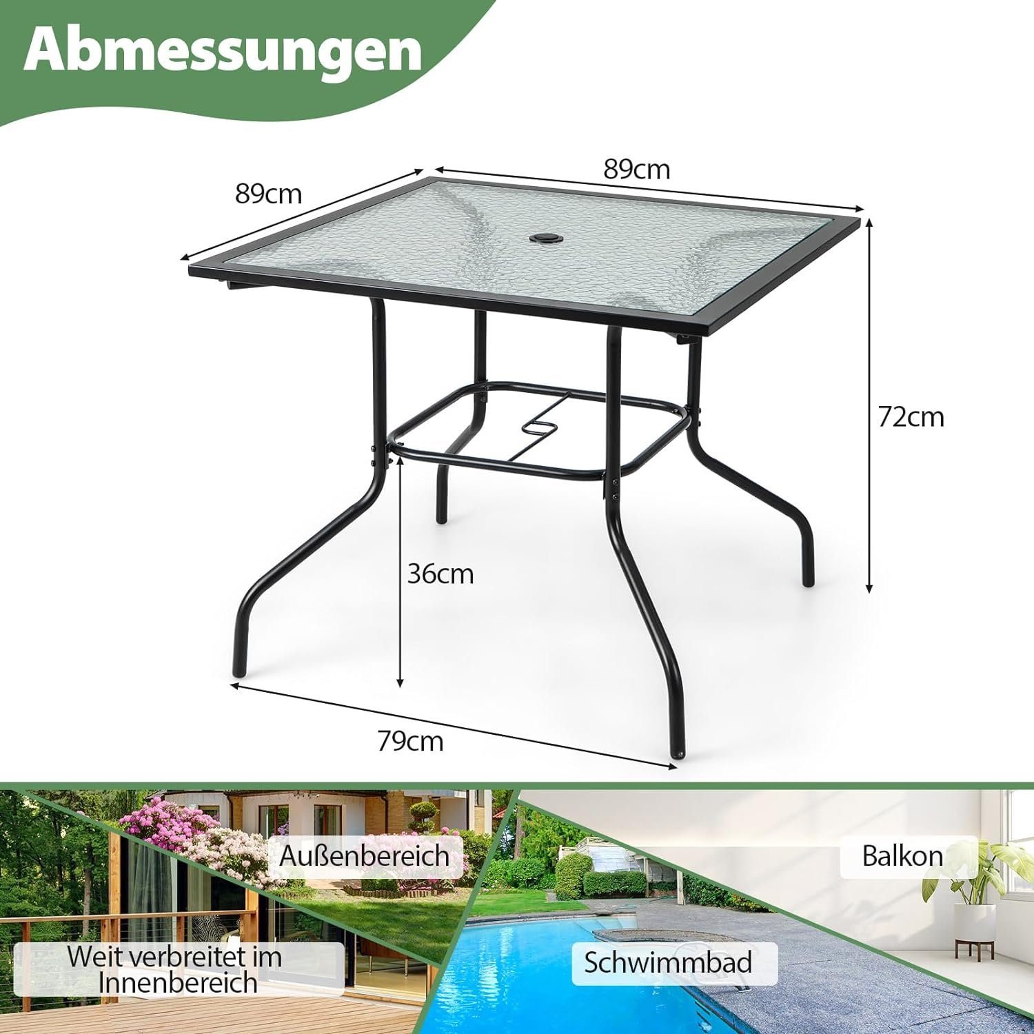 KOMFOTTEU Gartentisch Bistrotisch, mit Glasplatte & 38mm Schirmloch, 89×89 cm