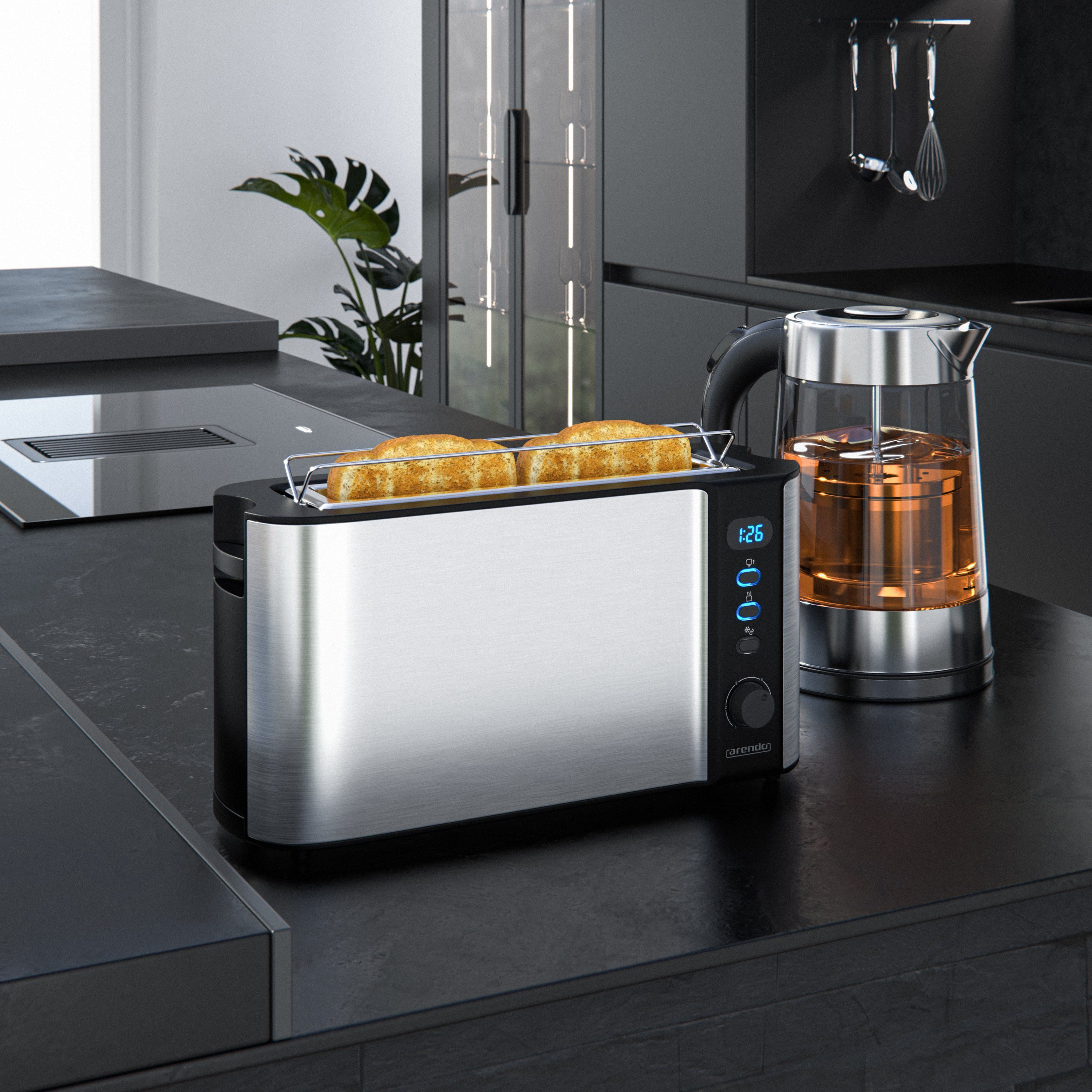 Arendo Frühstücks-Set (2-tlg), Wasserkocher 1,7l mit Teesieb & 2-Scheiben Toaster, Edelstahl