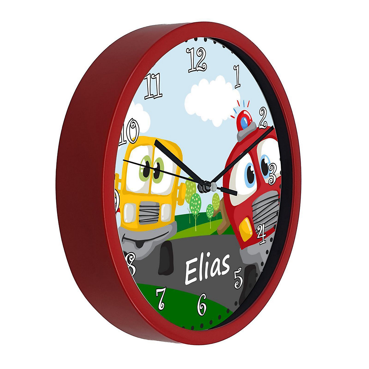 Kinder Wanduhr laufruhig personalisiert mit Name Auto-Cartoon