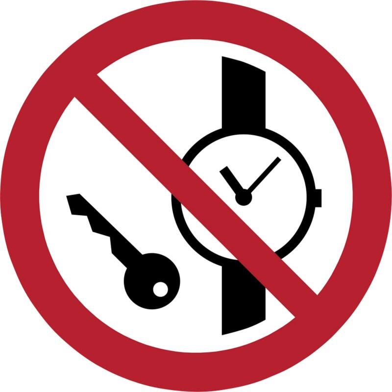 Djois Warnschild Mitführen von Metallteilen oder Uhren verboten Klebstoff, einschraubbar PP (Polypropylen) 10 (B) x 0,14 (H) cm 3 Stück