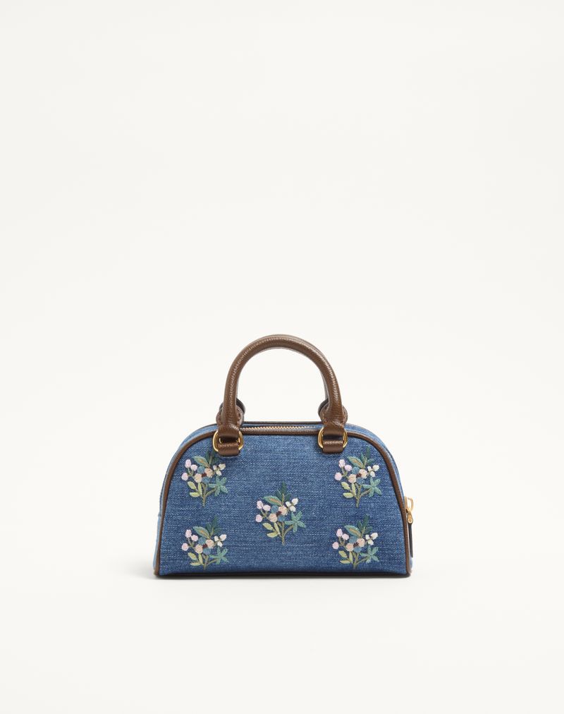 Valentino Garavani VLogo Signature Mini Boston Bag em jeans com bordado floral