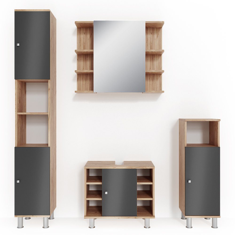 Vicco Badmöbel-Set Badezimmerset FYNN Eiche / Anthrazit Set 4, (Badezimmerset, 4-St., 4-er Set)