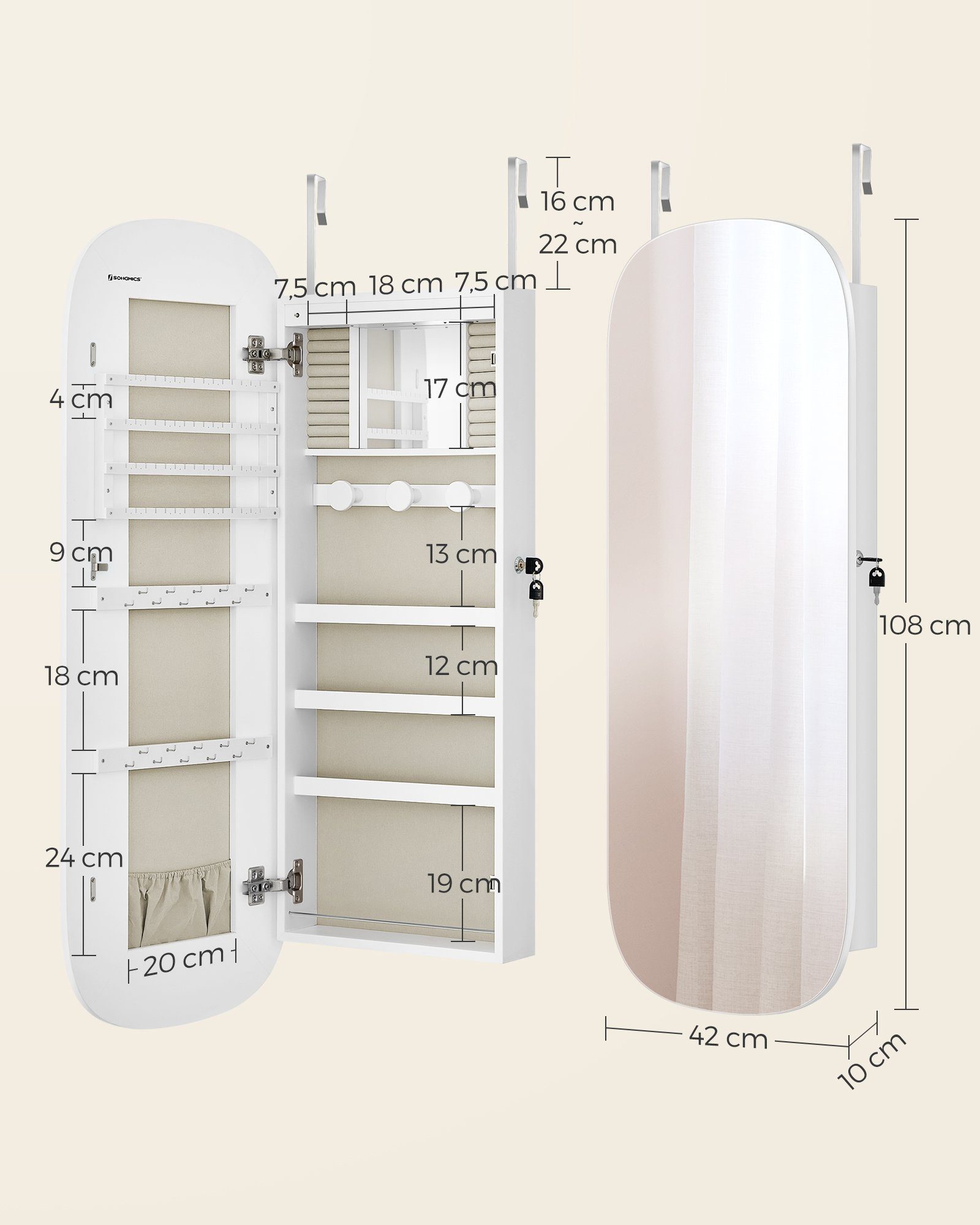SONGMICS Schmuckschrank Spiegelschrank Wandschrank, mit LED-Beleuchtung