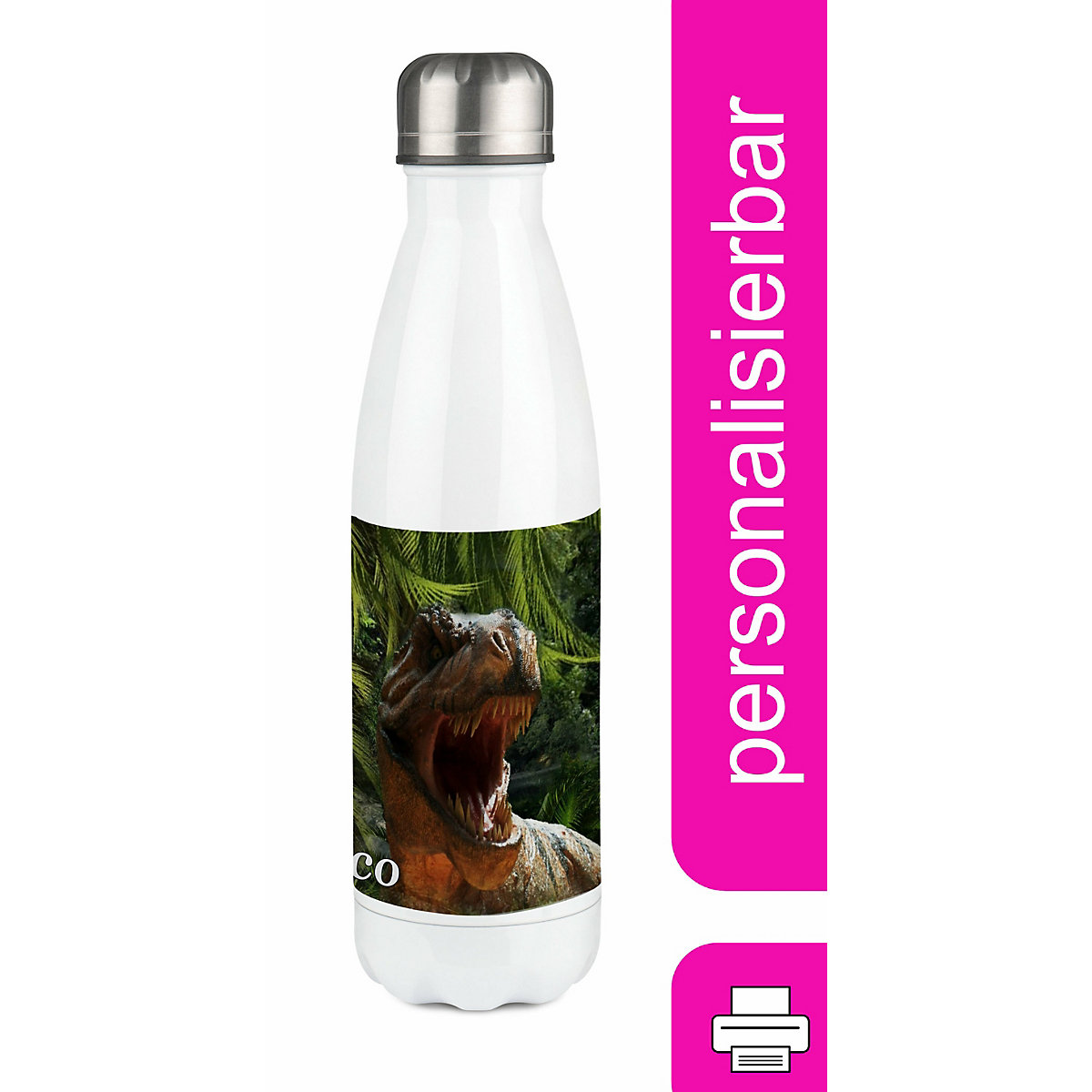 Edelstahl Kinder Thermoflasche / Trinkflasche bunt T-Rex Spülmaschinenfest, Auslaufsicher, Bruchfest, Doppelwandig, Für Heißgetränke geeignet, Mit Deckel, Isoliert