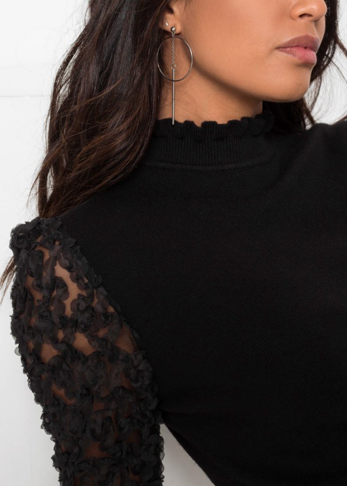 Rollkragenpullover mit dekorativen Chiffonärmeln