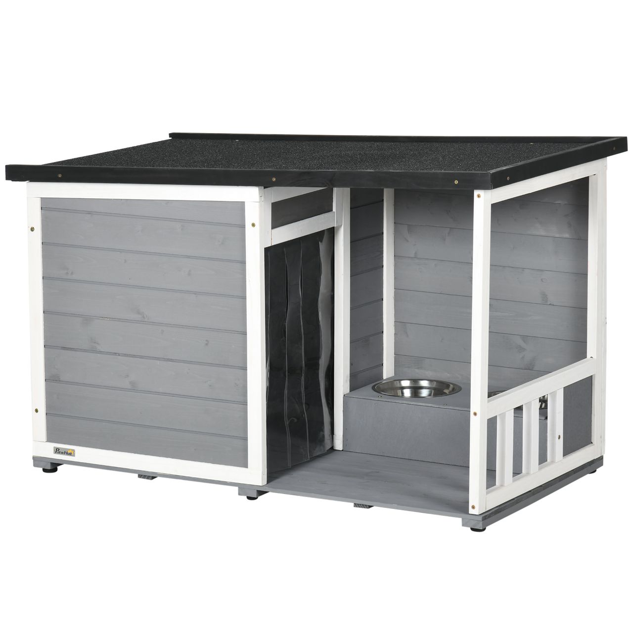 PawHut Hundehütte, Tannenholz, Hundehaus, Kleintierhaus mit 2 Schüsseln, Outdoor