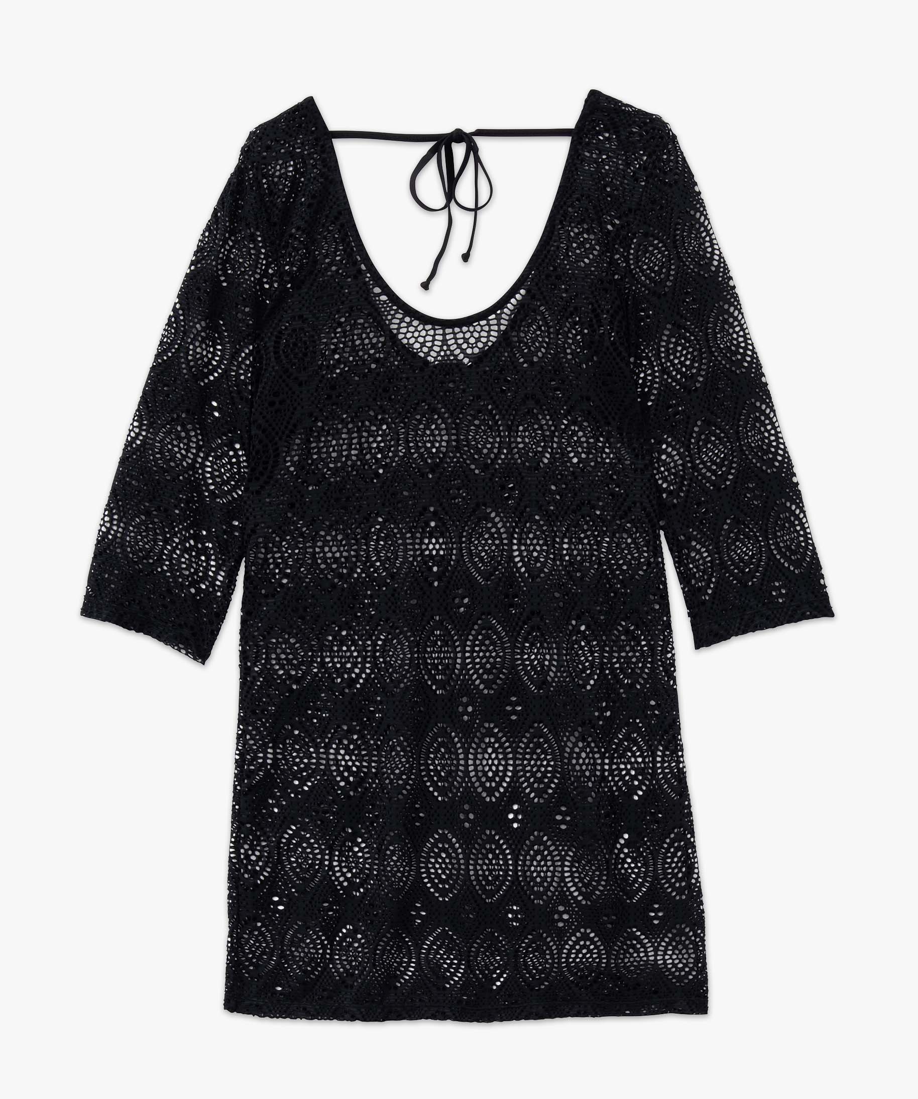 Robe de plage femme en maille ajourée à manches 3/4 noir | GEMO