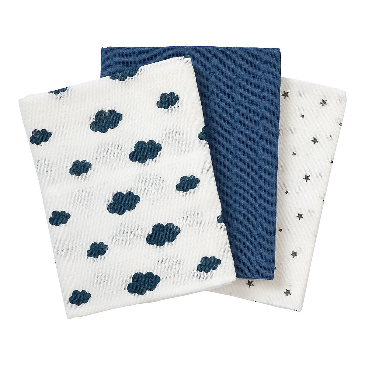 3er-Pack Mullwindeln 80x80 cm Wolken und Sterne