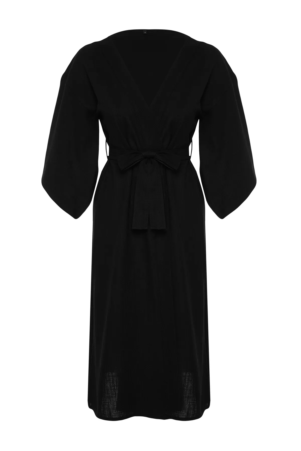 Trendyol Collection  Schwarzer Maxi-Kimono und Kaftan in gewebter Leinenoptik mit Gürtel TBESS23KM00058