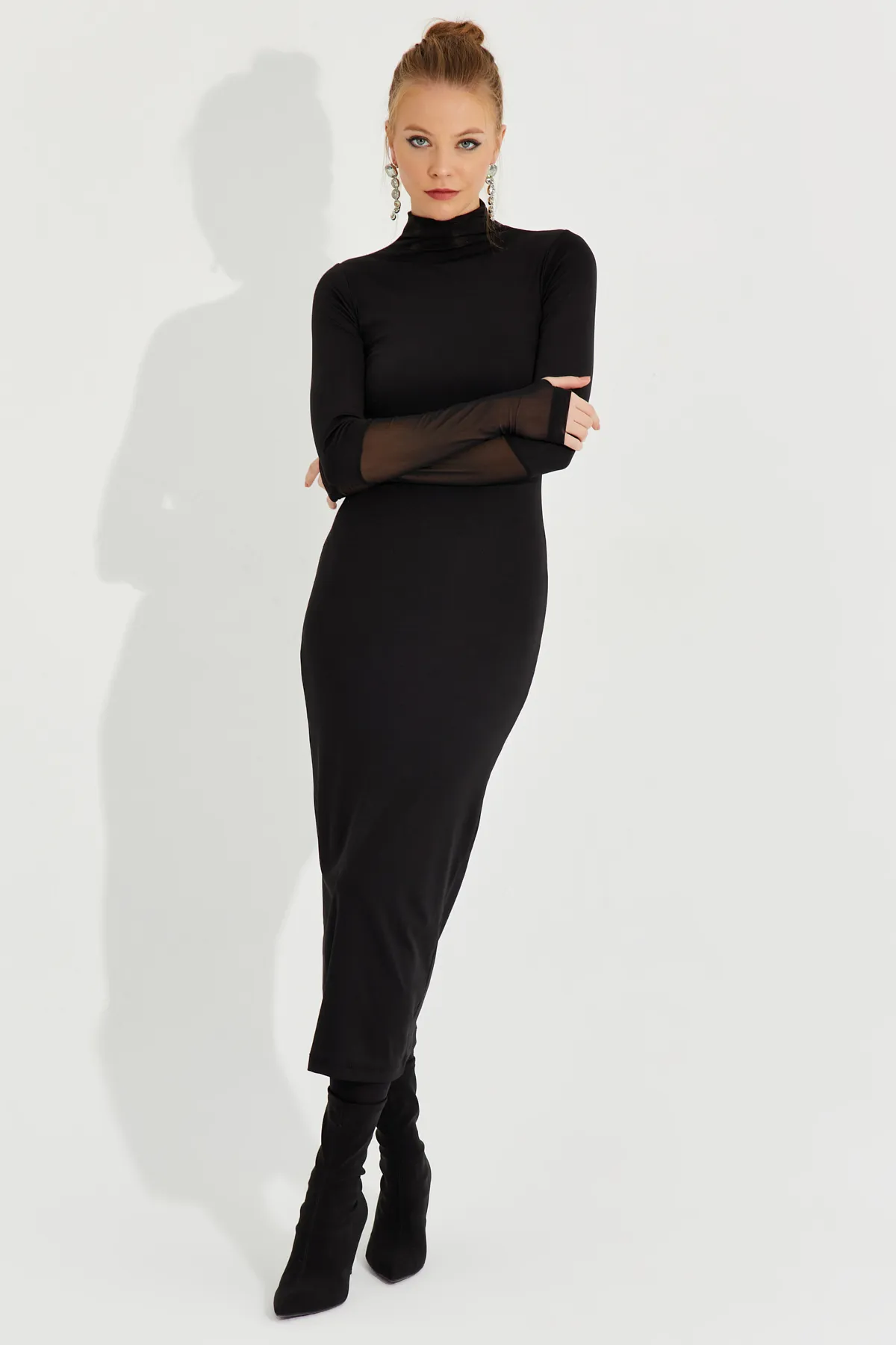 Cool & Sexy  Schwarzes, detailliertes Midikleid aus Tüll für Damen mit Handschuhen EY2600