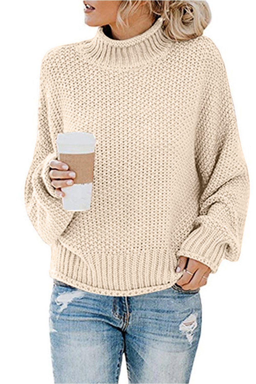 B.X Rollkragenpullover Damen Strickpullover Oversize Lang Warm Rundhals