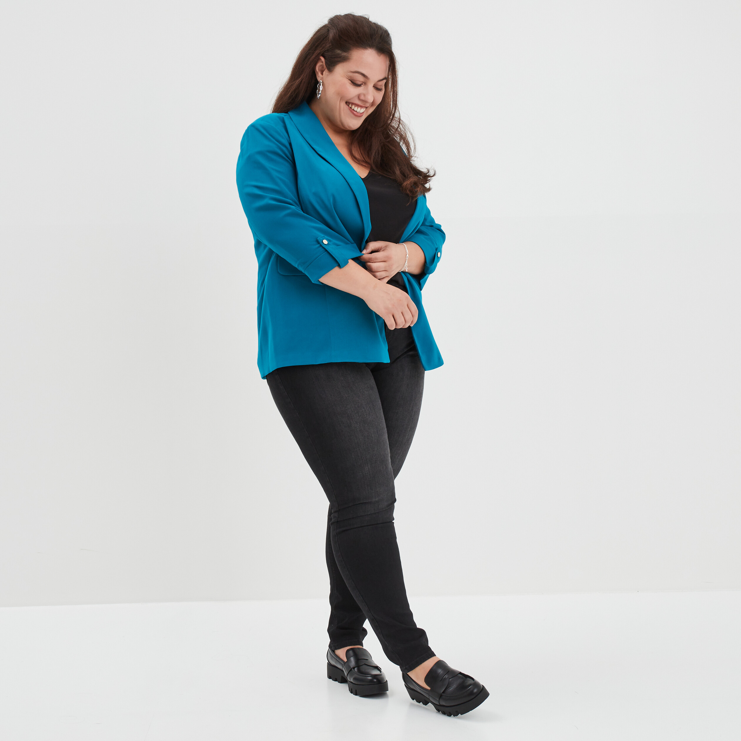 Veste droite manches 3 4 à revers bleu canard femme grande taille | La Halle